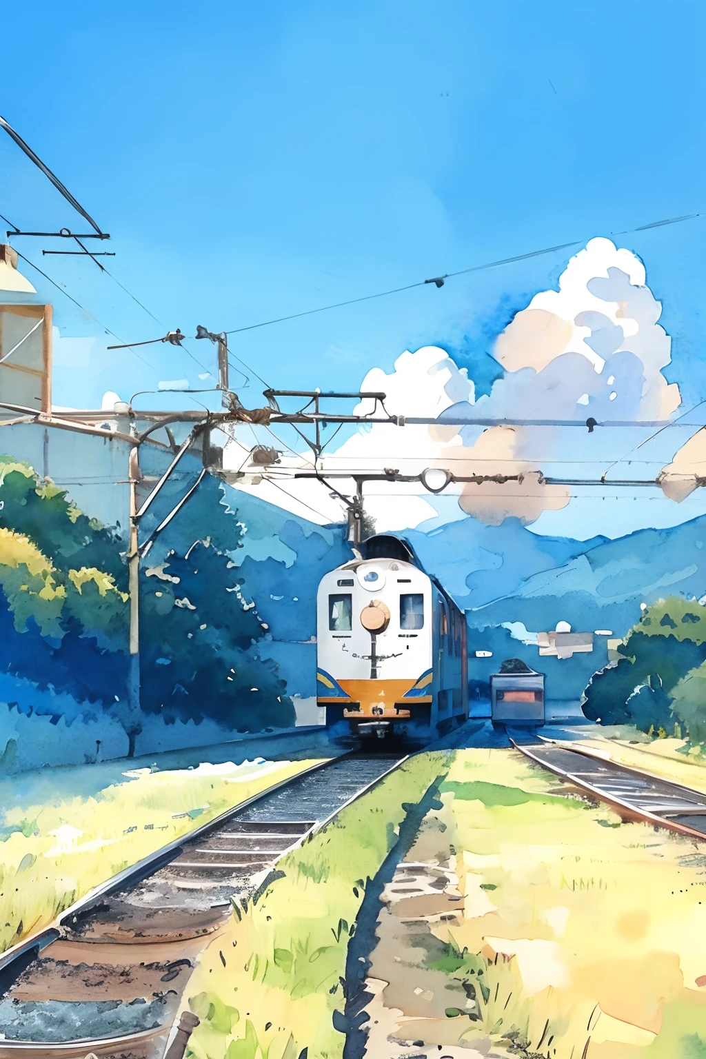 no humans, outdoors, sky, train in mountains, tree, scenery, traditional media, day, cloud, plant, blue sky, railways, bush, grass, painting (medium), watercolor (medium), town