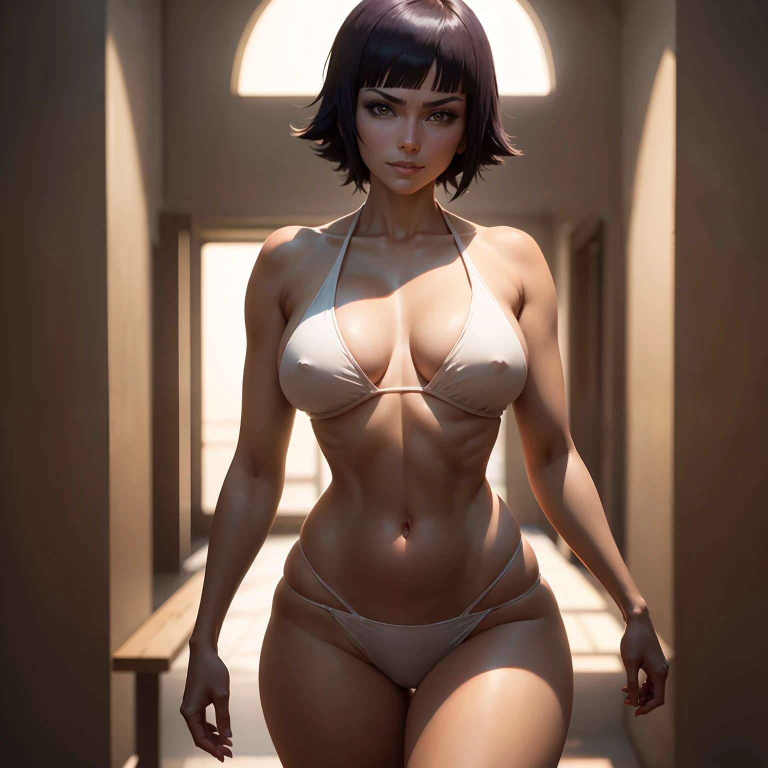 (masterpiece), best quality, expressive eyes, perfect face, soi fon from bleach in sexy bikini 30 year old women seductive body big breasts big thigs facing towards screen curvy body parted lips feminine figure body in bikini, Lockhart beautiful expressive eyes , 4k backlighting smirky face full sexy body