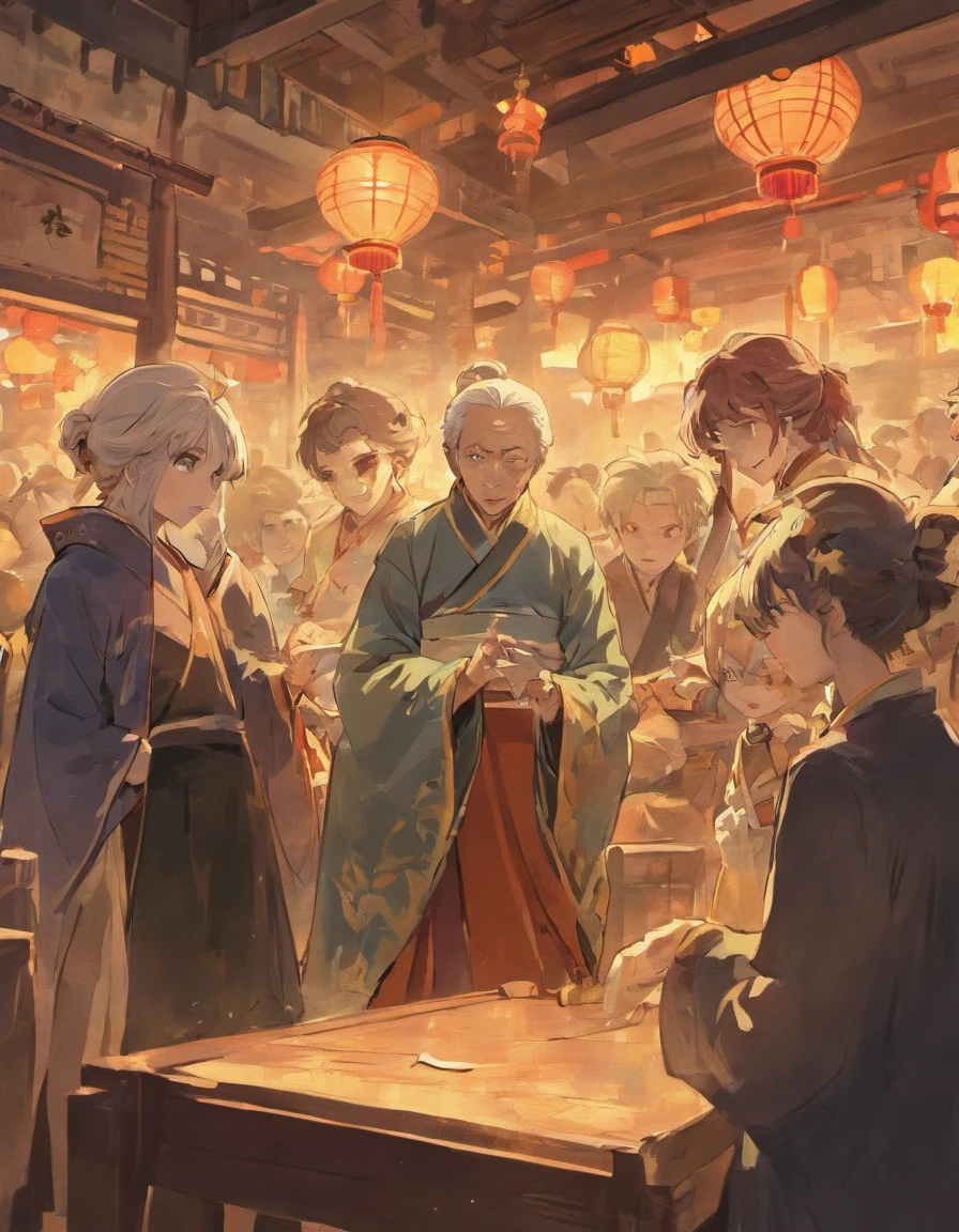 Chinese style comics,A group of elderly people gathered around to discuss the problem,A boy listened