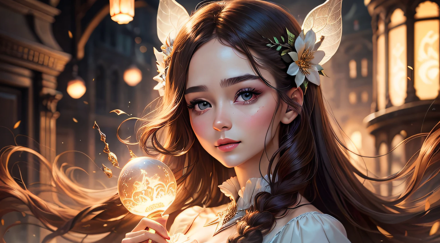 The fair fairy face is perfect, Light, Dressed in a dress，High-end cosmetics advertising Ultra detailed, Face brown eye shadow, facial features, brown hair --auto