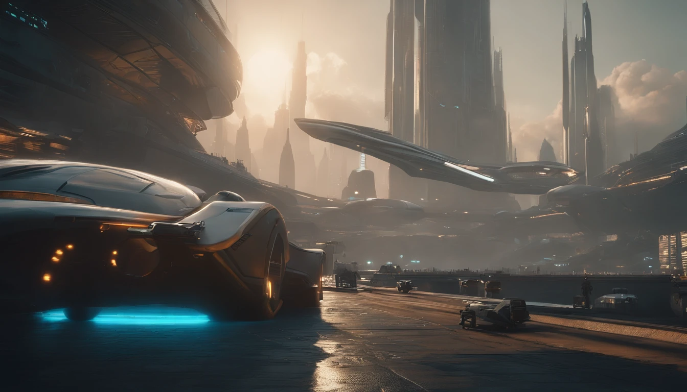 Cidade futuristica,There is a futuristic flying machine in the middle, bastien grivet, 8 K high detail concept art, Futuristic city landscape, vista of futuristic city, 4k highly detailed digital art, star citizen digital art, arstation and beeple highly, futuristic urban background, futuristic cyberpunk city, Futuristic city landscape, sci fi epic digital art