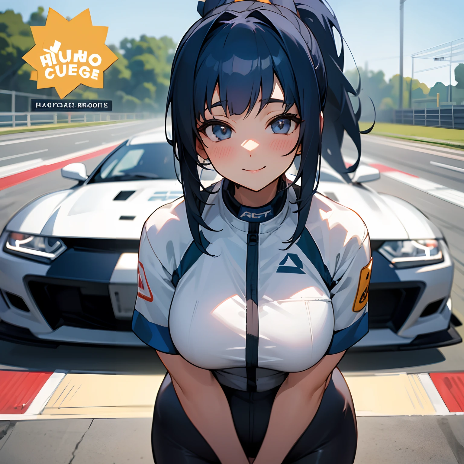 Hyūga Hinata, 1lady solo standing, /(grid girl/) clothes with logo, MILF Woman, /(dark blue hair/) bangs, blush kind smile, (masterpiece best quality:1.2) delicate illustration ultra-detailed, large breasts, Her Breast out From Clothes, BREAK /(racing circuit outdoors/), racing car audience, detailed background, Best Quality 32k HDR,