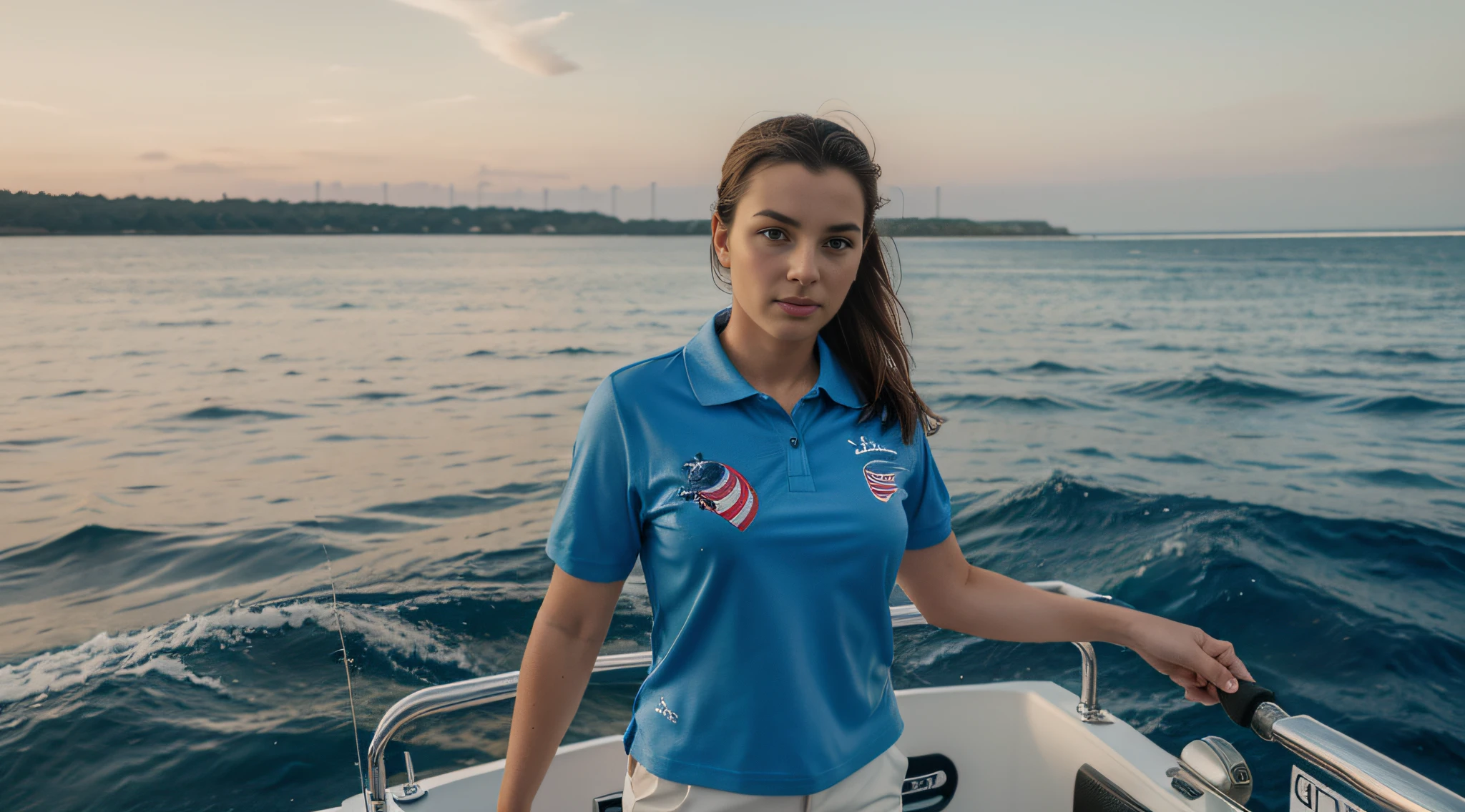 An American woman fishing at sea，Wear a short-sleeved polo shirt，The polo shirt has a fish print，Request a full body view