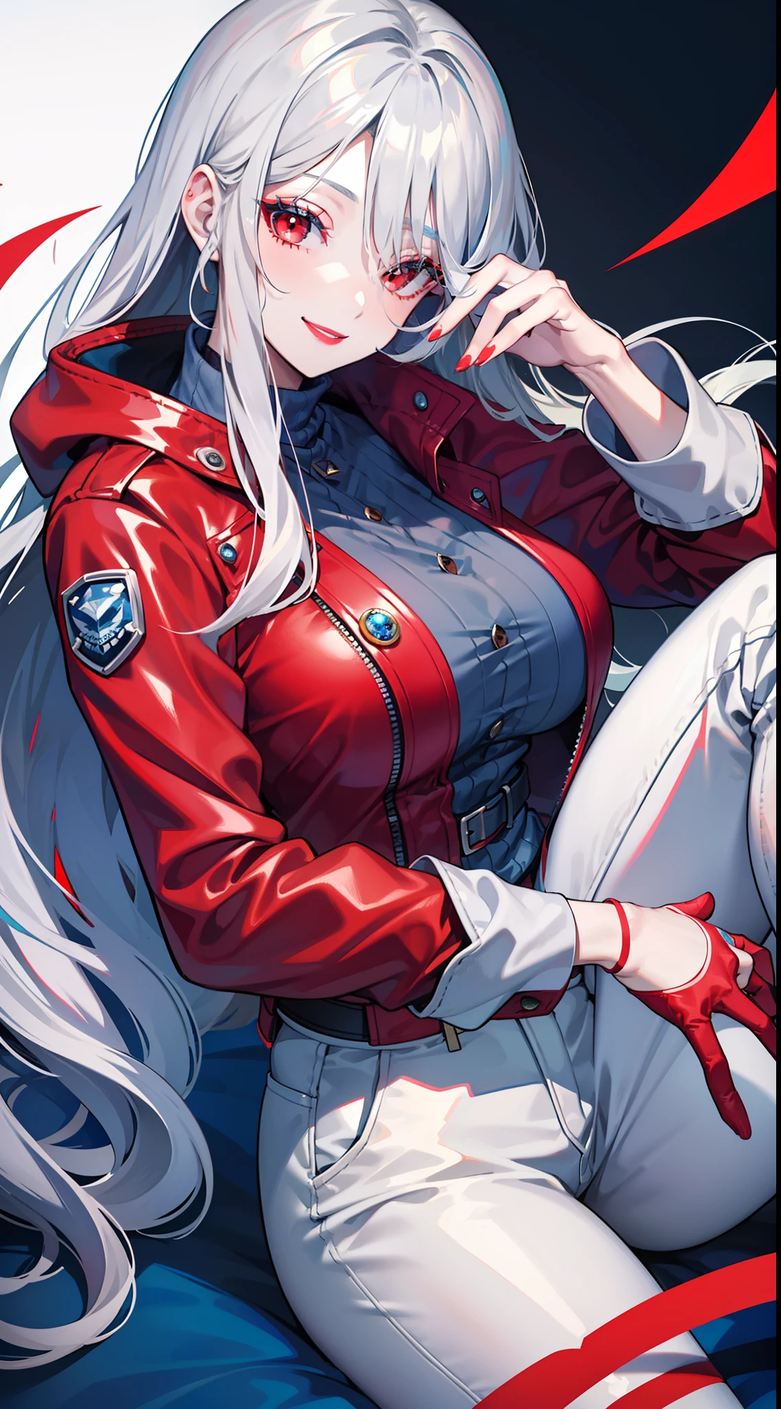 Adult woman, long gray hair, red eyes, red eyeshadow, blue lipstick, blue jacket, white pants , large breasts, Smile, Masterpiece, hiquality, 4k, HD, Good detail