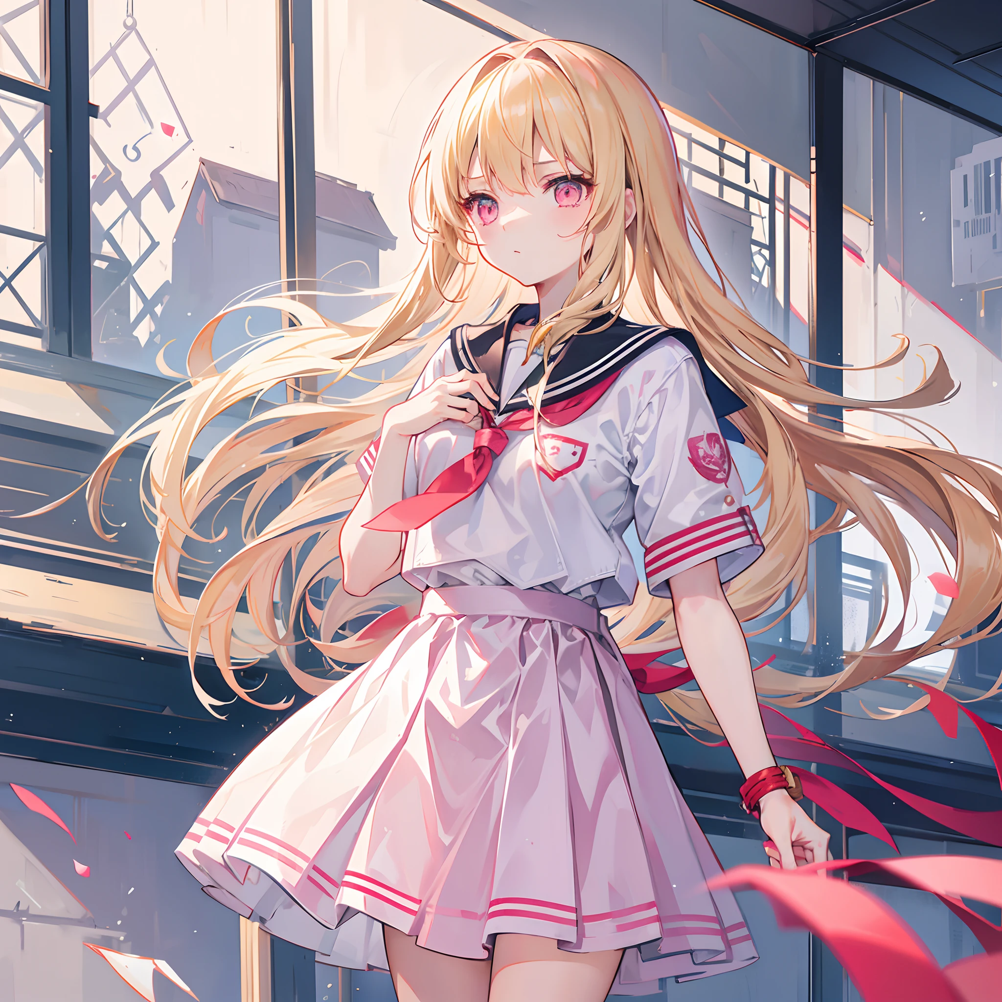 Long blonde hair scattered behind him,Pink eyes,Girl in sailor uniform school uniform,Medium build,high school senior,Stand at the school gate,tmasterpiece,Delicate girl,With red armbands,Hold your hands to your chest,A very serious look