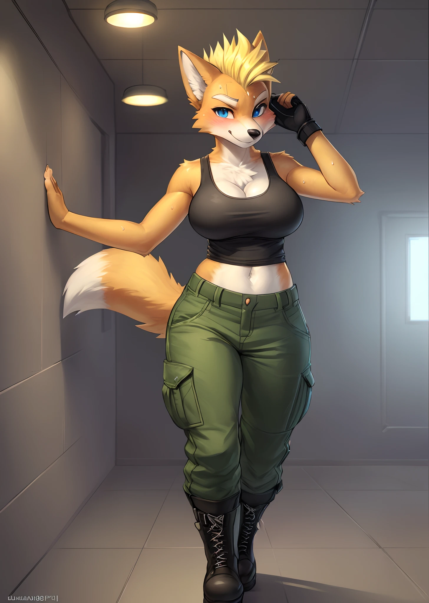 [fox mccloud], [Uploaded to e621.net; (Pixelsketcher), (wamudraws), (fluffkevlar)], [uploaded to twitter.com; (@senip)], ((masterpiece)), ((HD)), ((high quality)), ((solo portrait)), ((full body)), ((furry; anthro fox)), ((detailed fur)), ((detailed shading)), ((beautiful render art)), {anthro; (slim figure), yellow fur, black nose, (bleach-blonde mohawk), (cute surprised blue eyes), (large boobs), (gorgeous hips), (beautiful legs), (sweat on forehead), (blushing), (nervous smirk), (mouth open)}, {(back tank top), (cleavage), (skintight green cargo pants), (black combat boots), (heels)}, {(standing), (hand on wall), (looking at viewer)}, [background; (hallway), (metal walls), (ceiling lights), (si-fi), (ambient lighting)]