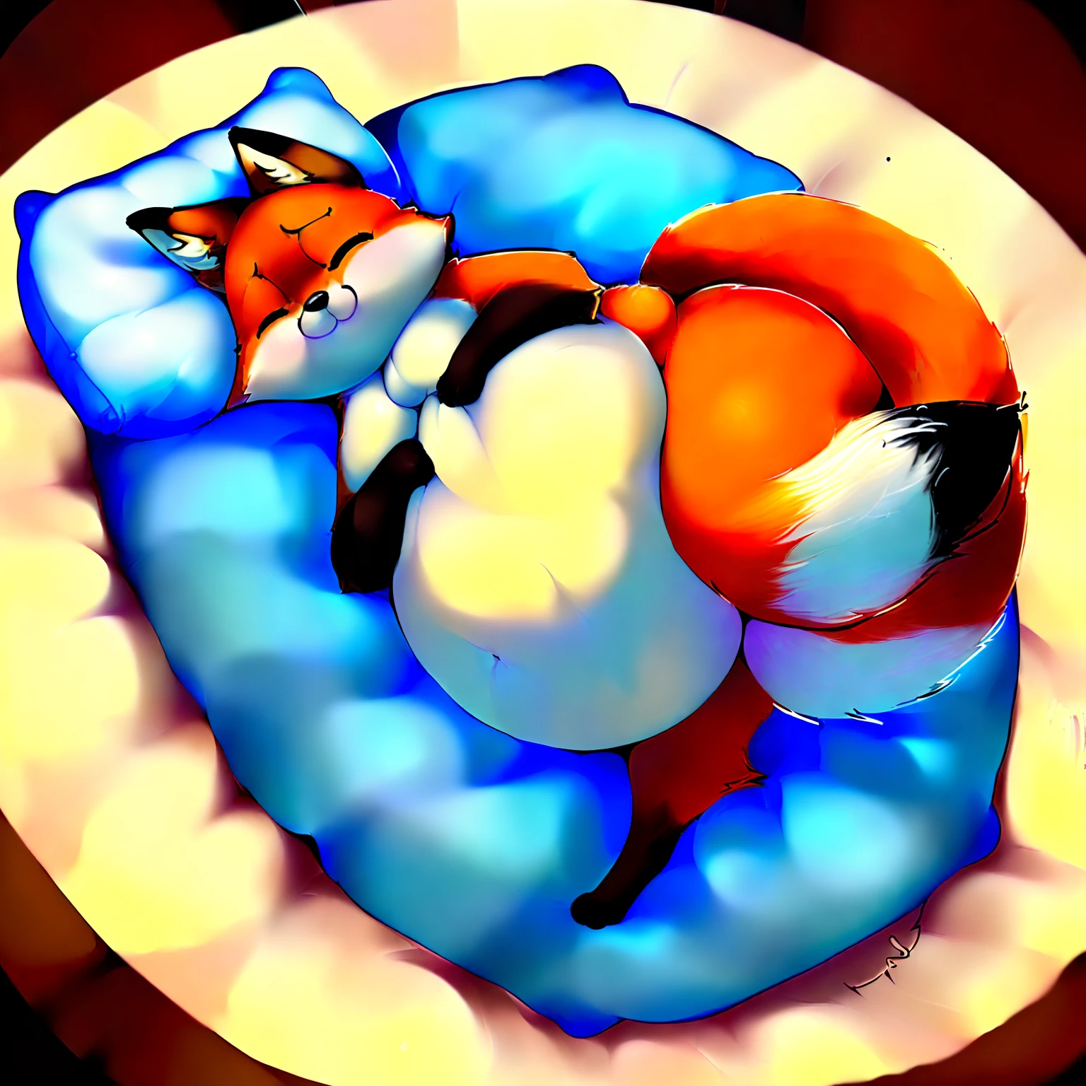 Cat, (((((Overstuffed, Overfed, bloaty+++, overwhelmed +++, closed eyes +++, chubby cheeks +++, puffy cheeks +++)))))(((((anatomically correct, feral quadrupedal, natural fox breed))))),(((Bed, Pillow, Lying down, on her side, fisheye effect:belly focus, huge rounded tummy)))