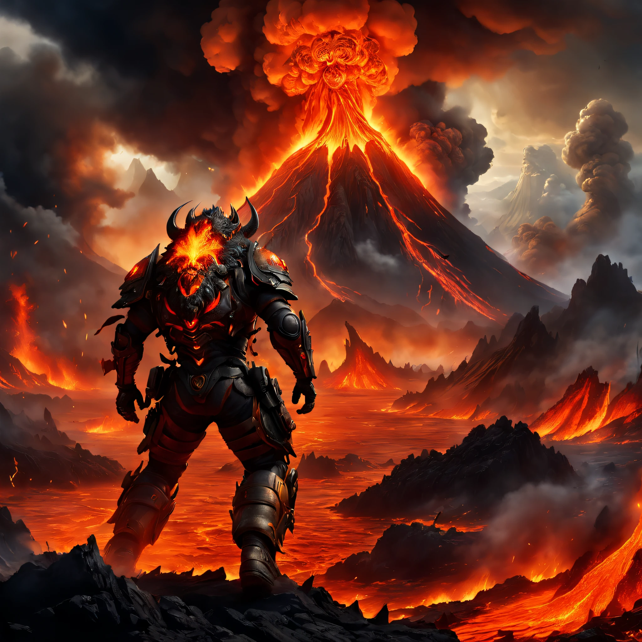 A heavily armed warrior fell from the sky，Doomsday landscape，Huge volcanic eruptions，Flame sputtering，molten lava，erupting，A demon's face emerged from the thick smoke，Nuclear barrage，Liquid lava，hydrosphere，（illustratio：1.0）、Epic composition、Realistic lighting、high definition detail、tmasterpiece、Best quality，（非常详细的 CG 统一 8k 壁纸）