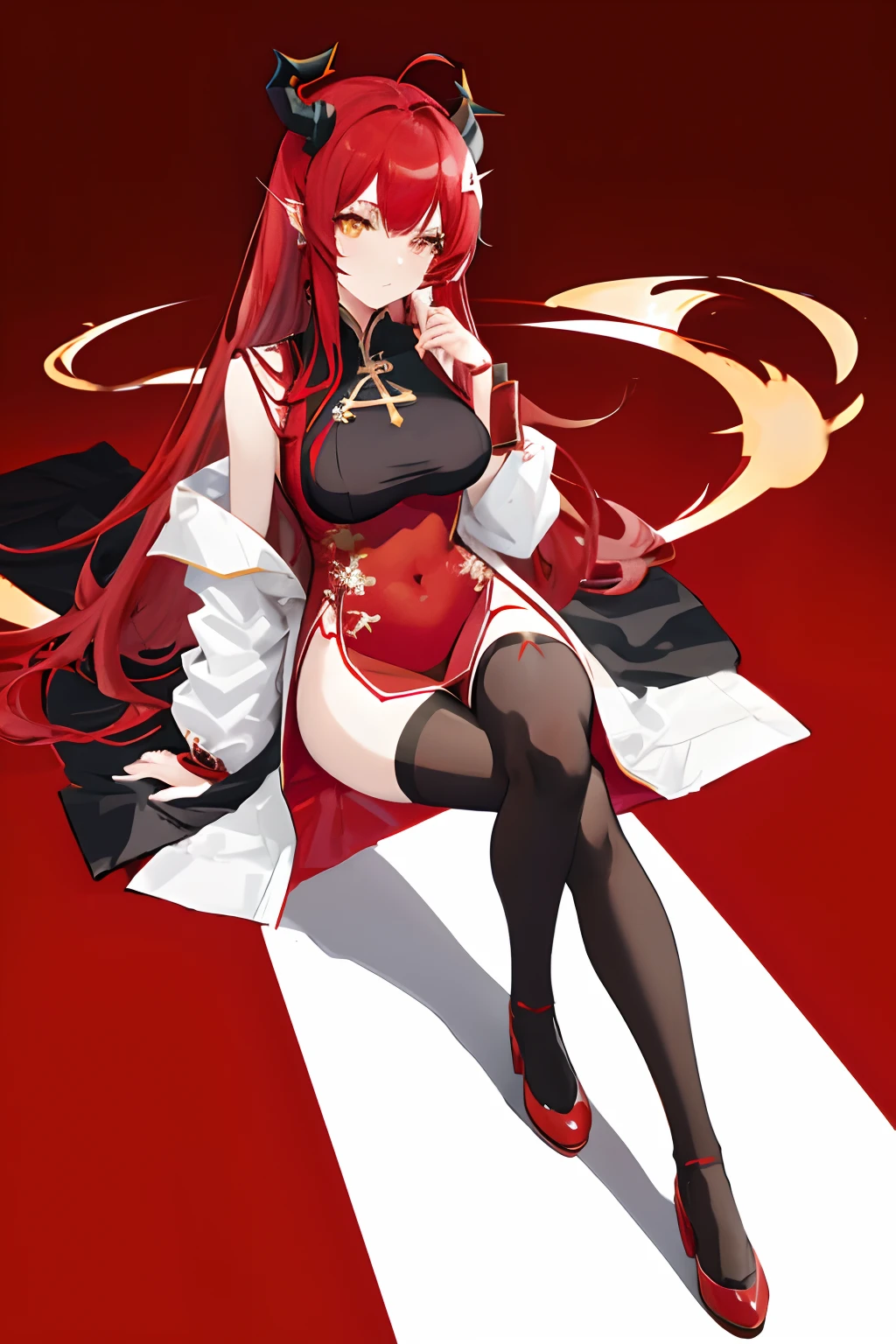 Dressed in red china, Anime Girl, Solo, Full body illustration, anime goddess,Black stockings, Red hair, Yellow eyes, pointy ear, Demon Horns, top-quality, ​masterpiece, Textured skin, high details, in 8K, Anatomically correct