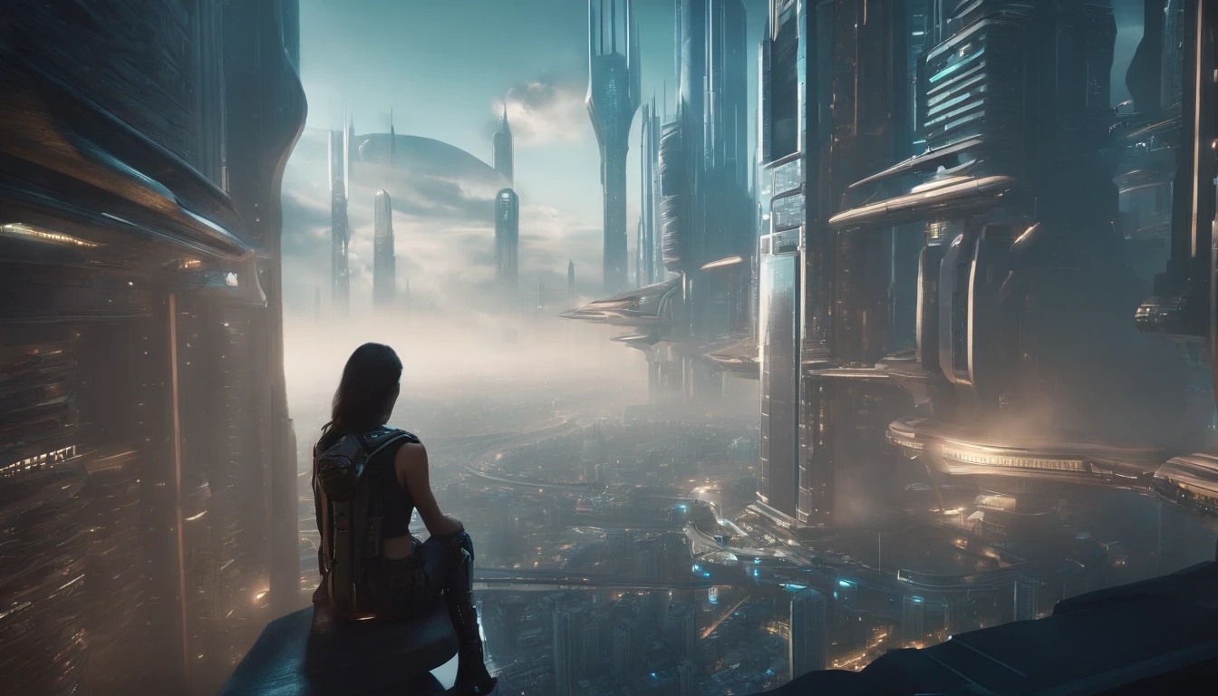Look down from above,A girl decorated in cyberstyle sits at the top,Cidade futuristica,There is a futuristic flying machine in the middle, bastien grivet, 8 K high detail concept art, Futuristic city landscape, vista of futuristic city, 4k highly detailed digital art, star citizen digital art, arstation and beeple highly, futuristic urban background, futuristic cyberpunk city, Futuristic city landscape, sci fi epic digital art