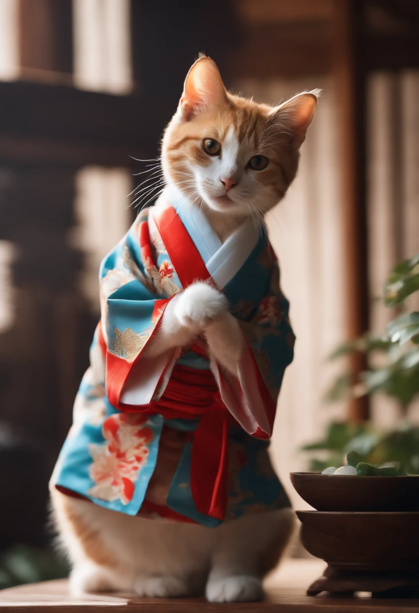 Perfect centering, Cute young cat, cook,Wear a kappo kimono, The upper part of the body,cheerfulness, Standing position, Abstract beauty, Centered, Looking at the camera, Facing the camera, Approaching perfection, Dynamic, Highly detailed, Smooth, Sharp Focus, 8K