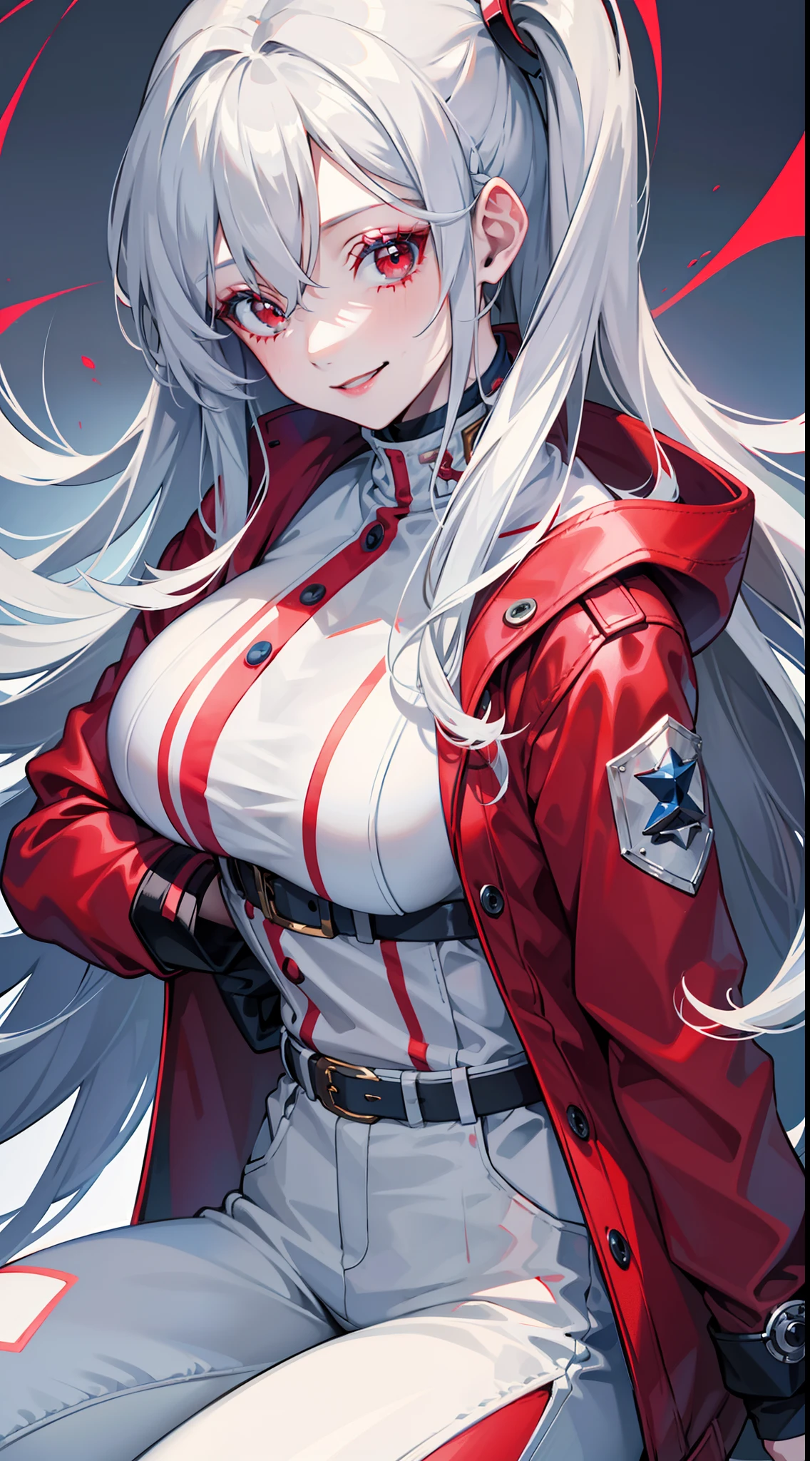 Adult woman, long gray hair, red eyes, red eyeshadow, blue lipstick, blue jacket, white pants , large breasts, Smile, Masterpiece, hiquality, 4k, HD, Good detail