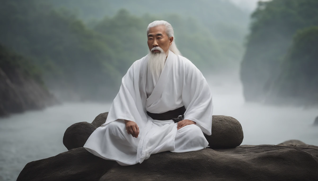 30-year-old Asian middle-aged Taoist elder sitting on stone close-up,long white hair,A meditative,Has a white beard,Meditation cross-legged,Daoism, Wearing a white robe and a white belt,magic aura,Taoist master,Taoist,universe background,at centre,Face the lens,Very bright colors, Light particles, with light glowing, Mshiv, wallpaper art, UHD wallpaper