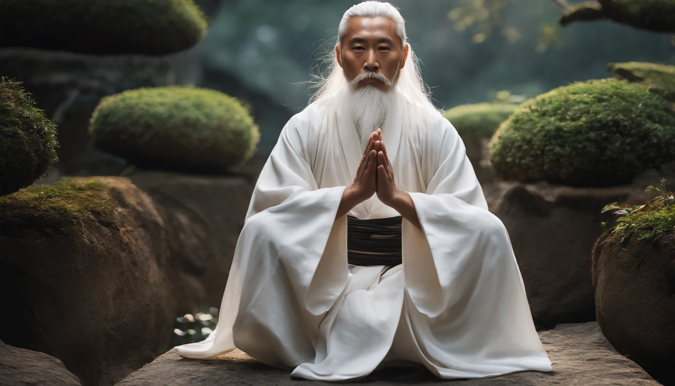 30-year-old Asian middle-aged Taoist elder sitting on stone close-up,long  white hair，A meditative，Has a white beard，Meditation cross-legged，Daoism, Wearing a white robe and a white belt，magic aura，Taoist master,Taoist，universe background，at centre，Face the lens，Very bright colors, Light particles, with light glowing, Mshiv, wallpaper art, UHD wallpaper