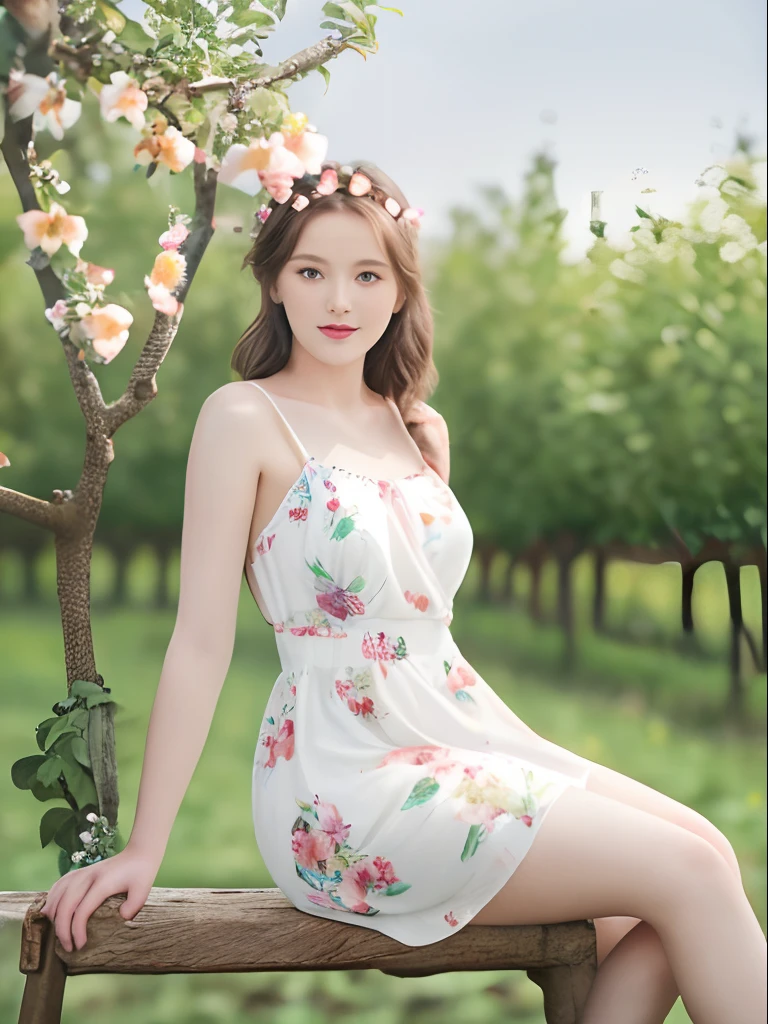 Scenes in summer，apple trees，The girl sits on a ladder，flower ring，8K， best qualtiy， photorealestic， ultra - detailed，  full bodyesbian， 28 year old