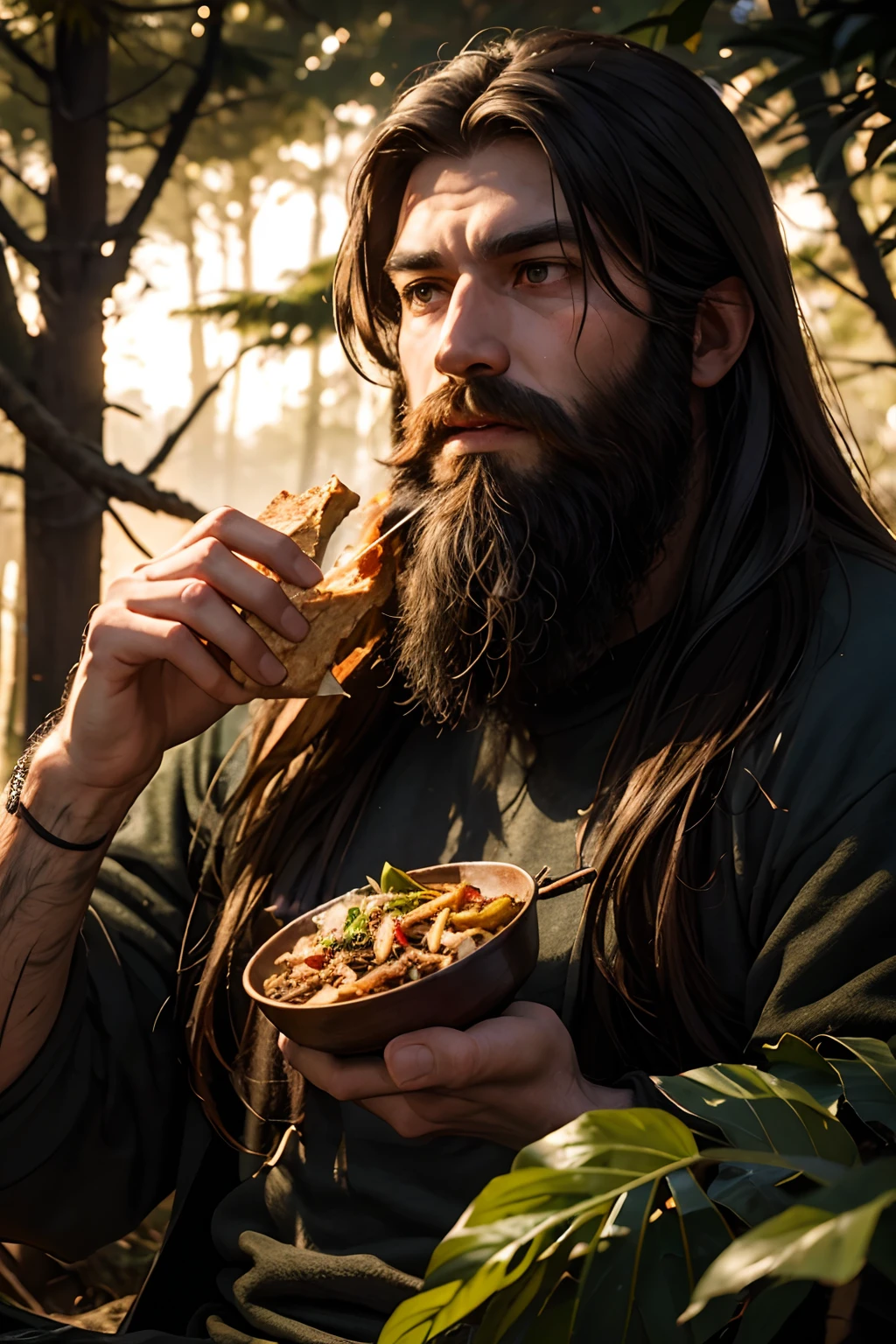 Giant Man, long hairs, long beard, muscular body, tired, hungry sweaty, in the woods, at night , born fire, eating food