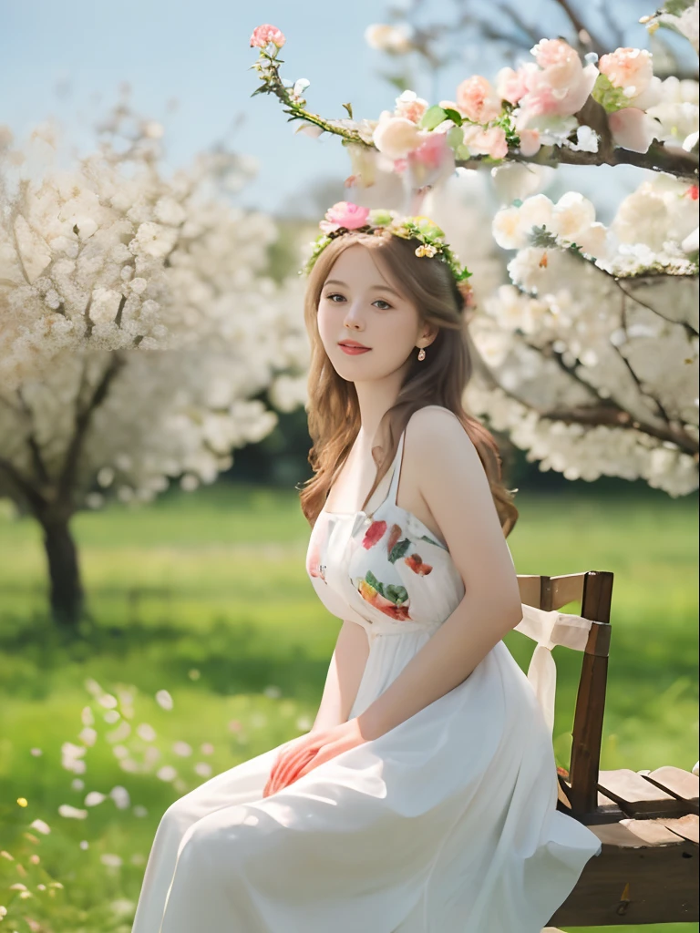 Scenes in summer,apple trees,The girl sits on a ladder,flower ring,8K, best qualtiy, photorealestic, ultra - detailed, full bodyesbian, 28 year old