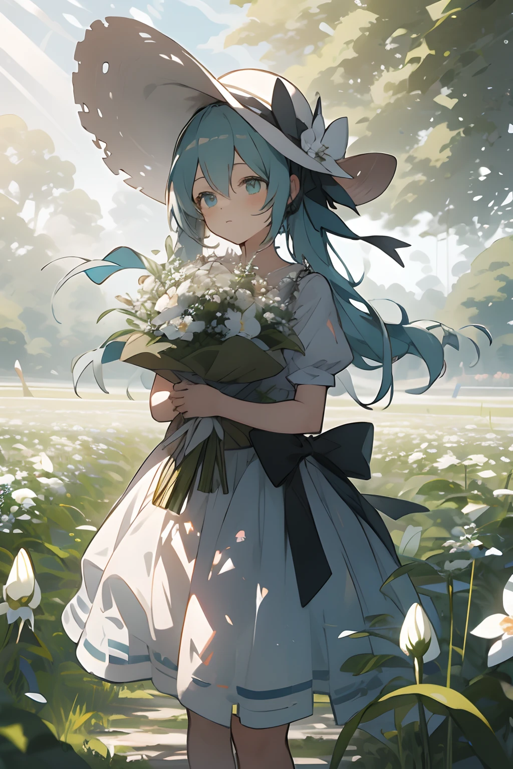 1girl, flower, dress, solo, hat, white dress, long hair, bouquet, white flower, holding, outdoors, field, white headwear, flower field, holding bouquet, skirt hold, standing, sun hat, ribbon, holding flower, hatsune miku, bow, aqua hair,light,sunlight,