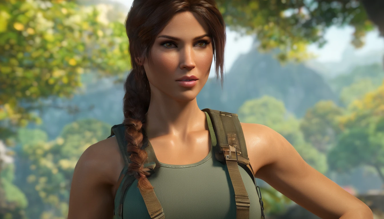 (best quality, ultra-detailed, realistic:1.37), Lara Croft, beautiful detailed eyes, beautiful detailed lips, fit body, adventurous pose, vibrant colors, high-res rendering, action-packed scene, dark background, contrasting lighting, detailed outfits, professional portrait photography, intense expressions, stunning visuals