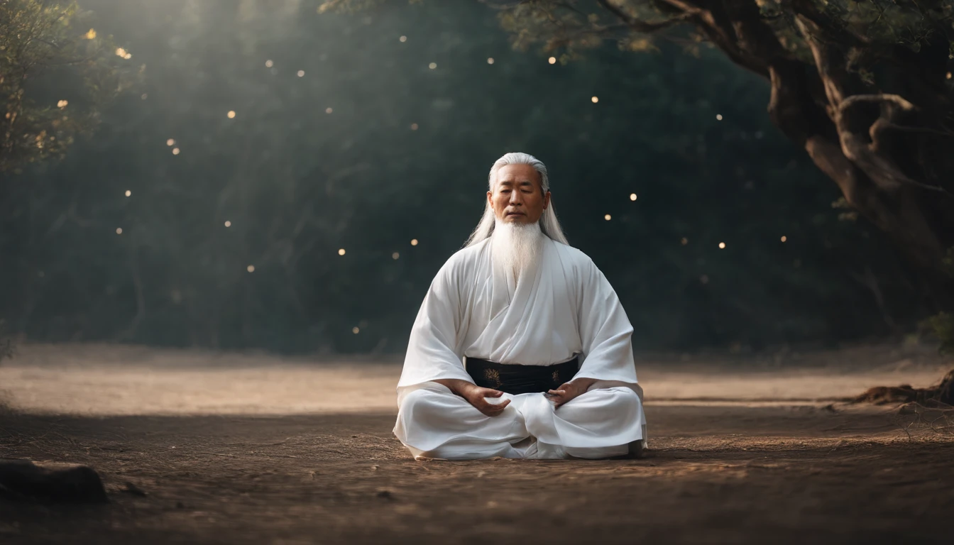 Close-up of 30-year-old Asian middle-aged Taoist elder meditating with his eyes closed,long white hair,A meditative,There is a white beard,Meditation cross-legged,Daoism, Wear a white robe and a white belt,magic aura,Taoist master,Taoist,The entire galactic starry sky,Magnificent momentum,Raised starlight,at centre,Face the lens,Very bright colors, Light particles, with light glowing, Mshiv, wallpaper art, UHD wallpaper