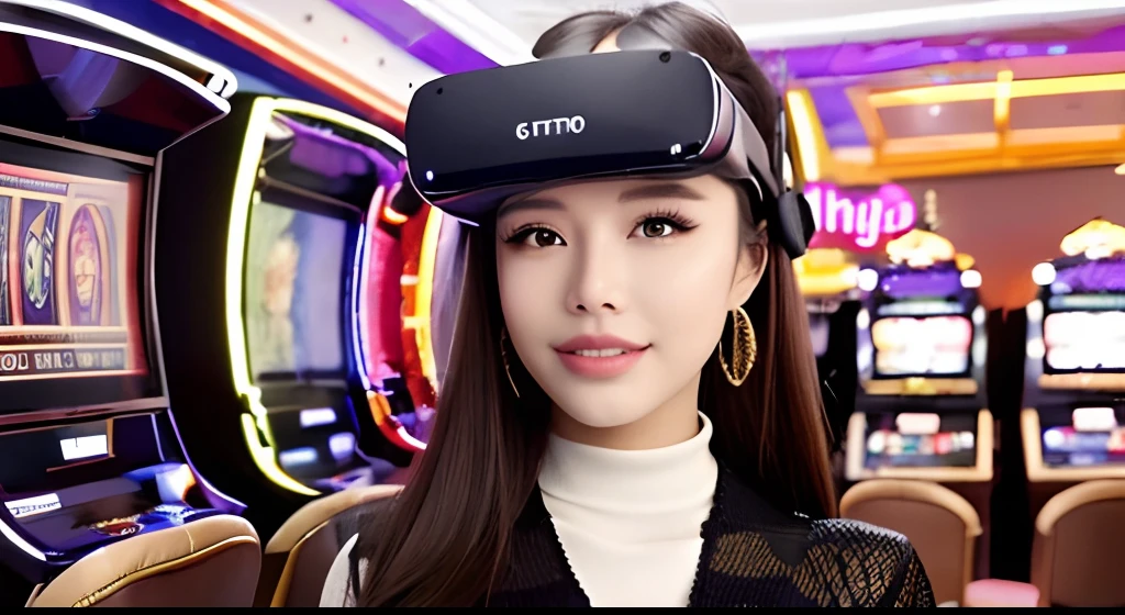 (Happiness as a Goddess:1.2), K-pop idol, 20 age, Brown eyes, Ponytail, (Virtual Reality Photos:1.4), (master-piece:1.3), (intricate detailed:1.2), delicate, Beautiful and detailed..., (Fine Eyes), (face detail), (turtleneck top), tiny, large boobs, Waist neck, (look viewer_Stelle_audience:1.2), Large round earrings, Slender Legs, (skinny), (beste-Qualit:1.4), ( ultra-high resolution:1.2), Outdoor lighting, (Highly detailed illustrations), (eyelashes, beste-Qualit, ultra-high resolution, Depth of Field, Wide Lighting, natural shading, 85 mm., F/1.4, ISO 200, 1 /160s:0.75), (casino), (Slot Machines), (Play Slot Machines), Casino Backdrop, environment, Surrounded by modern slot machine games,