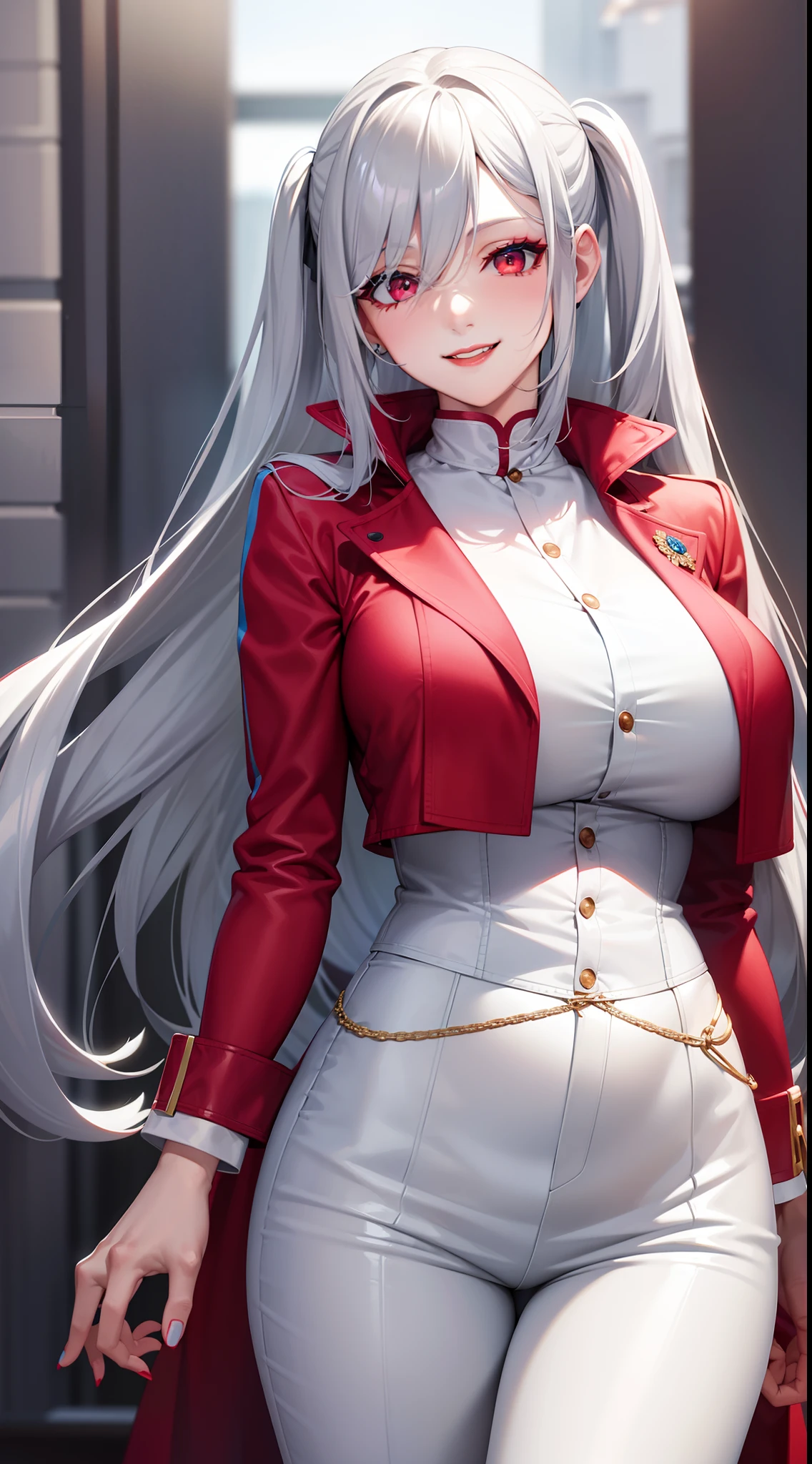 (((masterpiece))),(((high resolution)))、(((perfect face)))、(((beautiful woman)))、((shirt))、((skirt))、(big breasts)、Plump、silver hair、hat、embarrassed expression、(((looking at the camera)))

