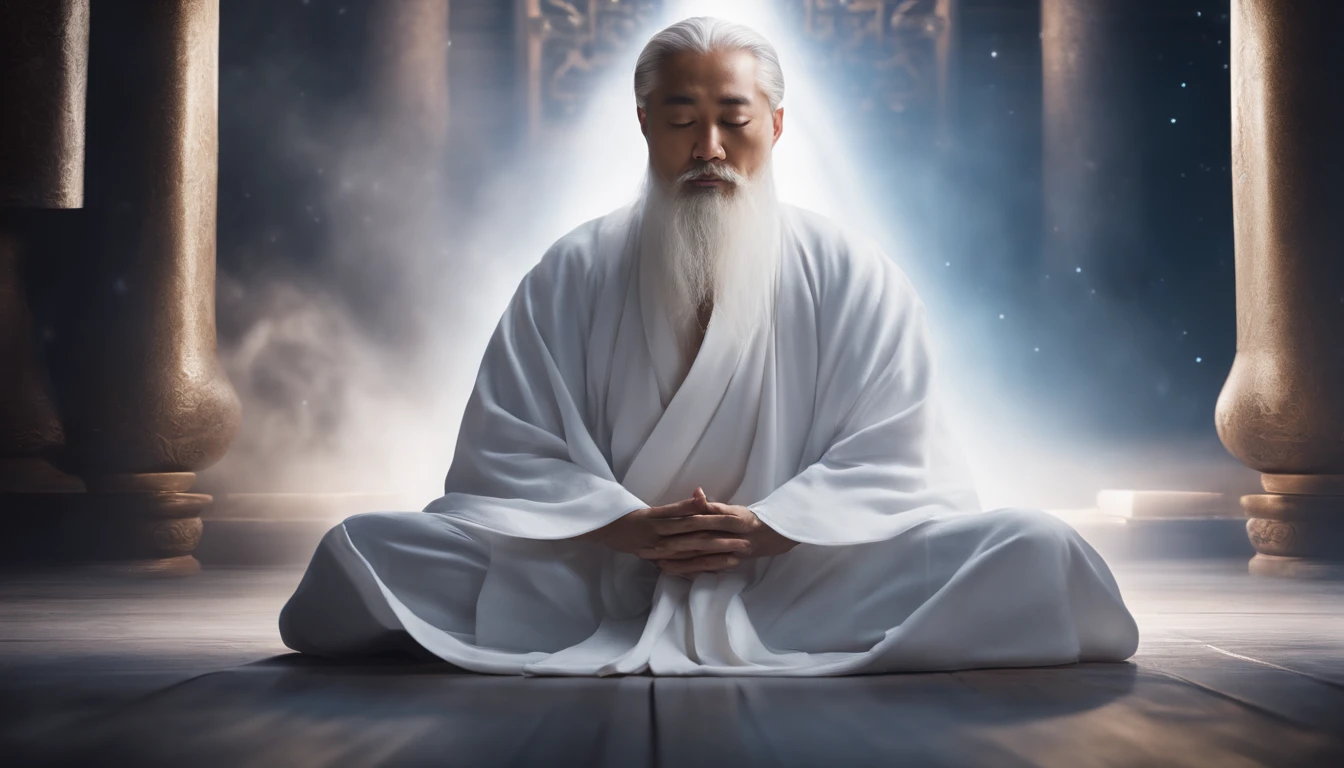 Close-up of 30-year-old Asian middle-aged Taoist priest meditating with his eyes closed,long  white hair，A meditative，Has a white beard，Meditation cross-legged，Daoism, Wear a white robe，white sash，magic aura，Taoist master,Taoist，The entire galactic starry sky，Magnificent momentum，Rising starlight，at centre，Face the lens，Very bright colors, Light particles, with light glowing, Mshiv, wallpaper art, UHD wallpaper