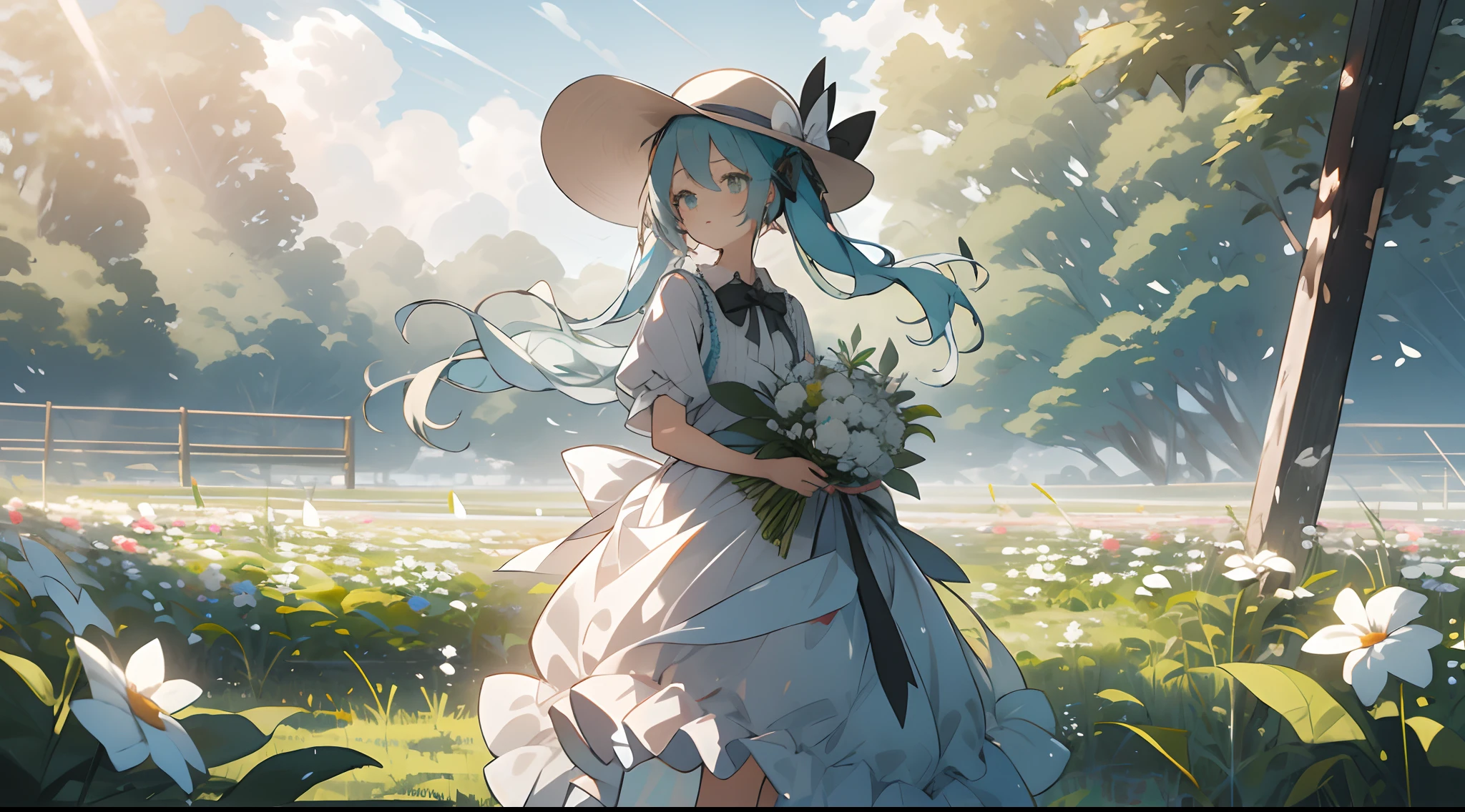 1girl, flower, dress, solo, hat, white dress, long hair, bouquet, white flower, holding, outdoors, field, white headwear, flower field, holding bouquet, skirt hold, standing, sun hat, ribbon, holding flower, hatsune miku, bow, aqua hair,light,sunlight,