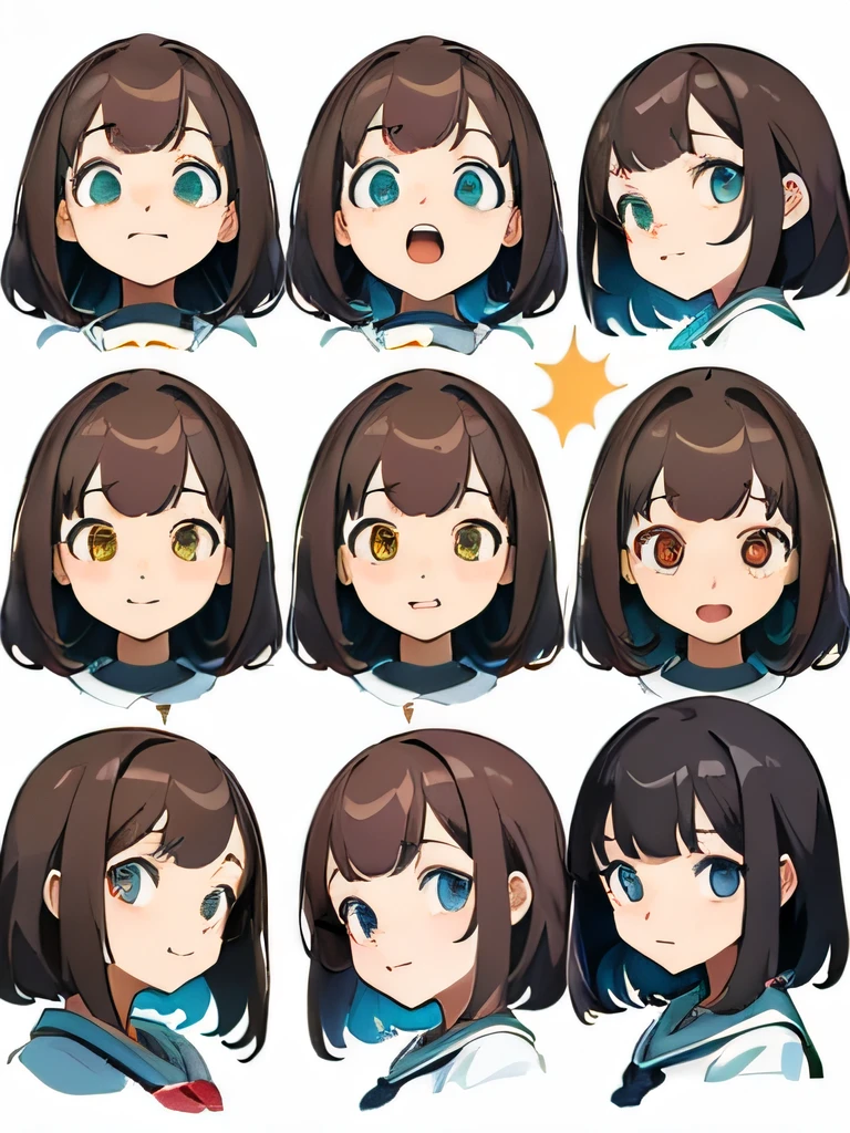 (masterpiece, best quality), 1girl, anime character facial expression sheet, Draw one facial expression from various directions on one sheet, draw a total of 6 faces, 3 horizontally and 2 vertically. The specified facial expression is a cheerful smile, portrait shot area depiction,
BREAK,
girl, 18, 165cm tall, slender, medium bob brunette hair, large slanted eyes, school uniform, (simple white background, only characters are colored:1.3),