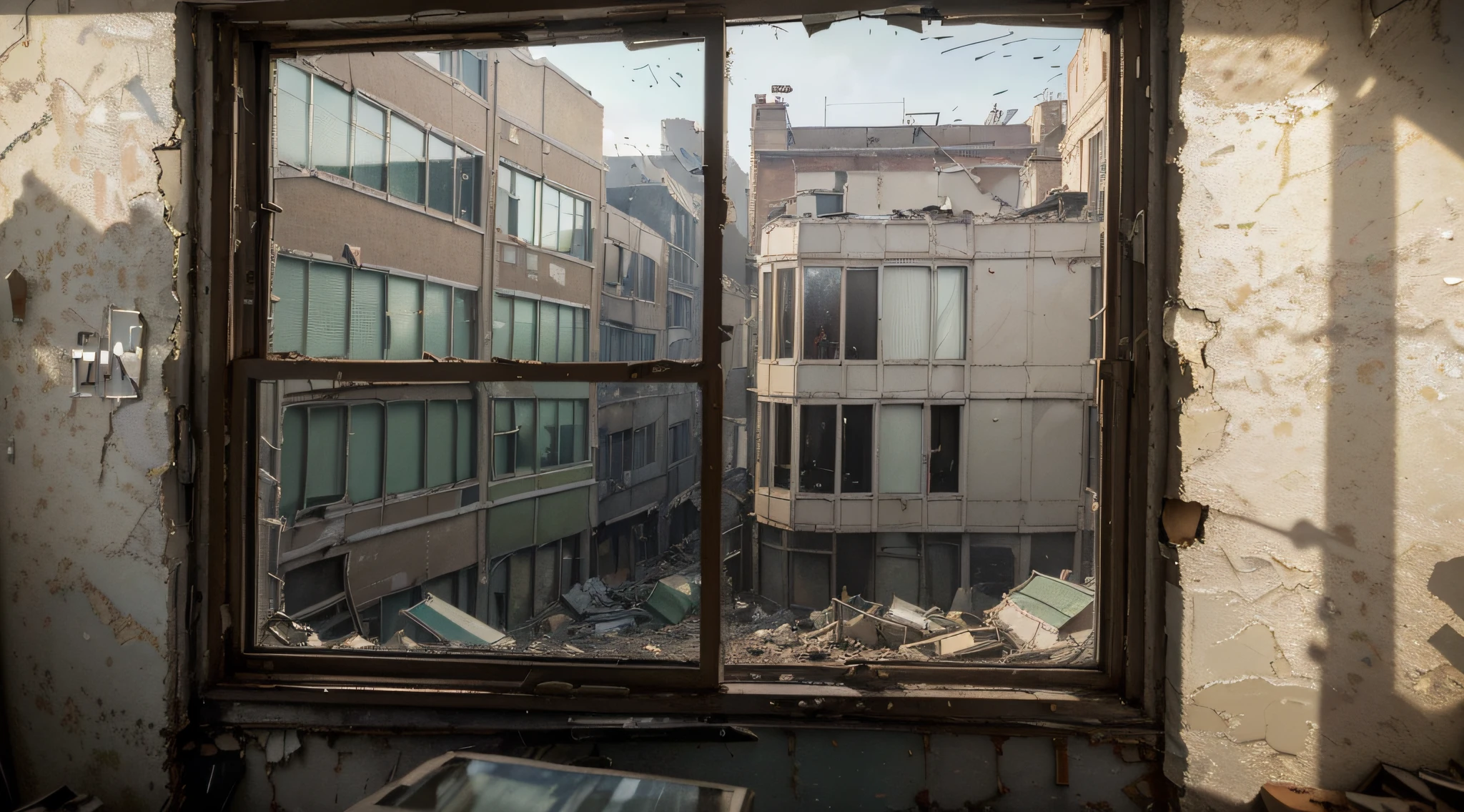 (Best quality,4K,8K,A high resolution,Masterpiece:1.2),Ultra-detailed,(Realistic,Photorealistic,photo-realistic:1.37),Broken window frontage,window open,Outside the window is the disaster city,gloom,dusty atmosphere,Abandoned restaurant,Cracked walls,,Unpredictable lighting,The paint on the walls peels off, Wide-angle lens