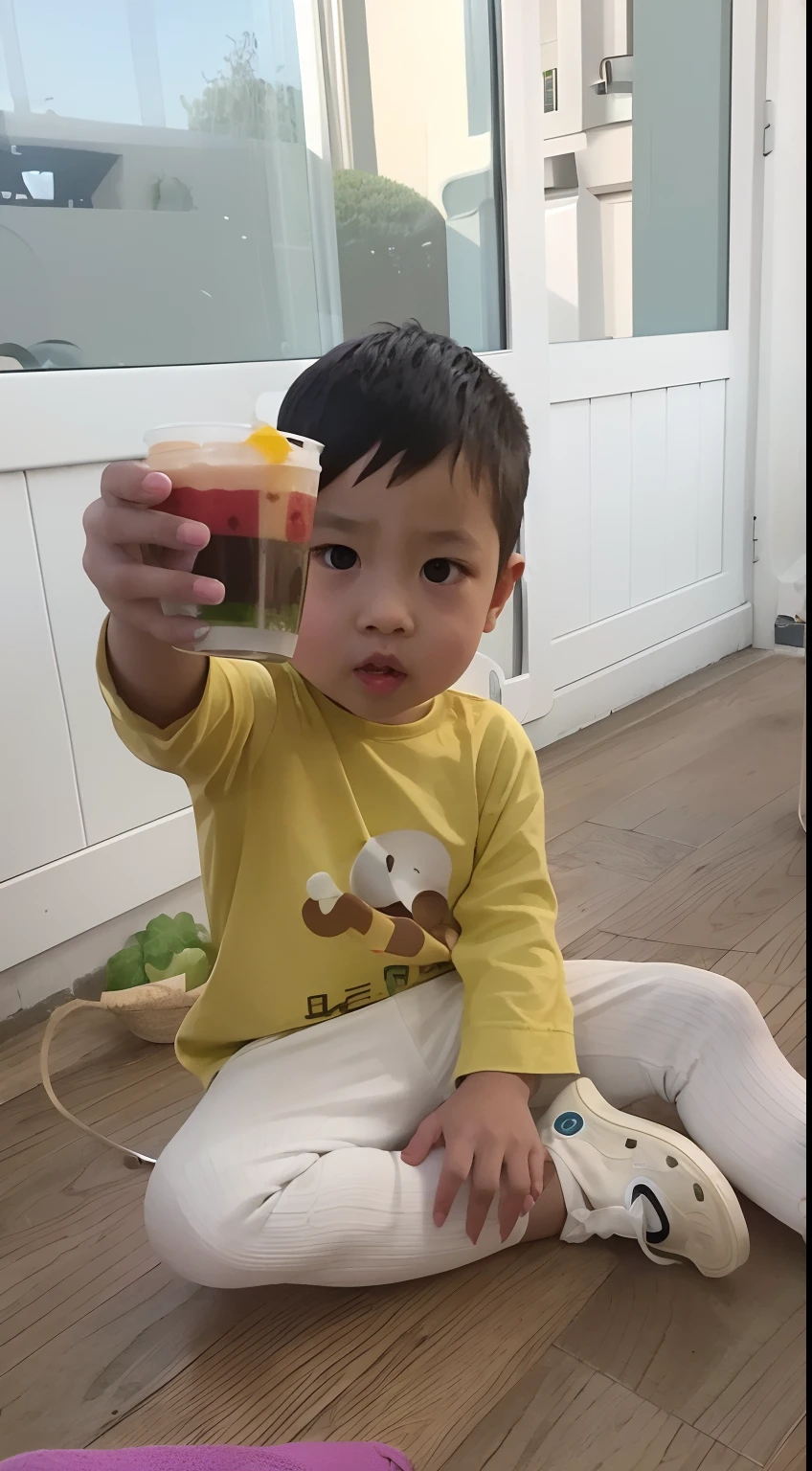 There was a  sitting on the floor with a drink, yanjun cheng, drink boba tea, colored milk tea, eating ice - cream, holding a drink, juice, jaeyeon nam, drinking a strawberry iced latte, Cute:2, 2 years olg breasts, Handsome, coloured photo, Eating ice cream, yihao ren, drinking cocktail