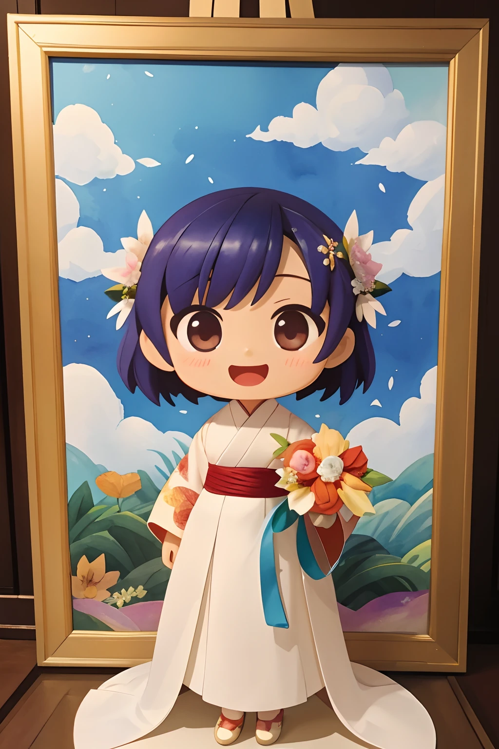 photoRealstic、Nedroid in wedding dress arranged in kimono standing in front of the painting、Open mouth and big smile、watercolor Nendoroid、(High Definition Figure)、Flowing iridescent silk、up of face、Eye Up、Eyes are hearts、Floral dress、wave her hand、There are also flowers in front of the nendroids、flower petals、season!!: 夏天☀ 🍂