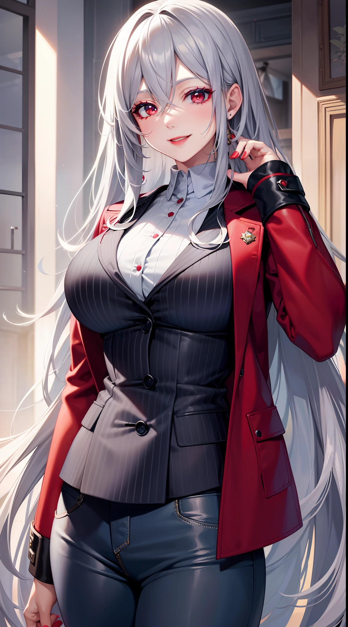 Adult woman, long gray hair, red eyes, red eyeshadow, blue lipstick, blue jacket, white pants , large breasts, Smile, Masterpiece, hiquality, 4k, HD, Good detail