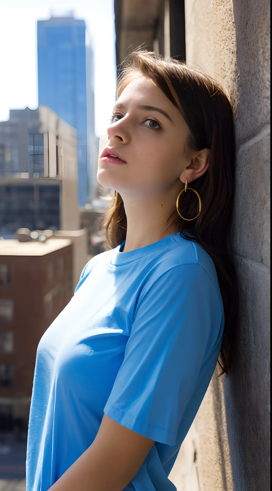 (()), beautiful black girl, model body, freckles on face, crying, big blue eyes, small breasts, long legs, big hoop earrings, big men's shirt, top shot, black girl, long hair, wavy hair, on top of a building looking down, photorealistic, indirect lighting, volumetric light, ray tracing, hyper-detailed, best quality, ultra-high resolution, HDR, 8k