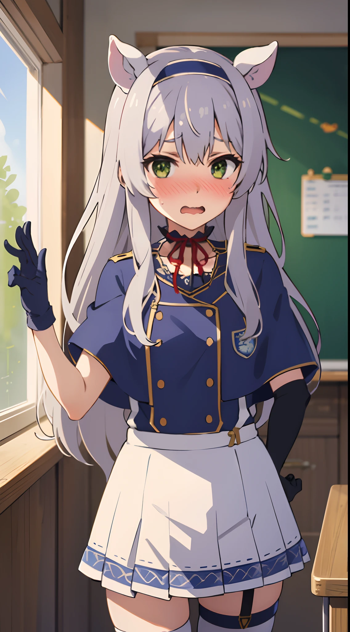 best quality, (masterpiece:1.2), detailed,
Sistine Fibel,
1girl, solo, open mouth, wavy mouth, nose blush, embarrassed,
long hair, grey hair, green eyes, blue hairband, animal ears,
school uniform, suspenders, blue capelet, white shirt, blue choker, red ribbon, miniskirt, white skirt, navel, gloves,
standing, looking at the viewer,
indoors, classroom