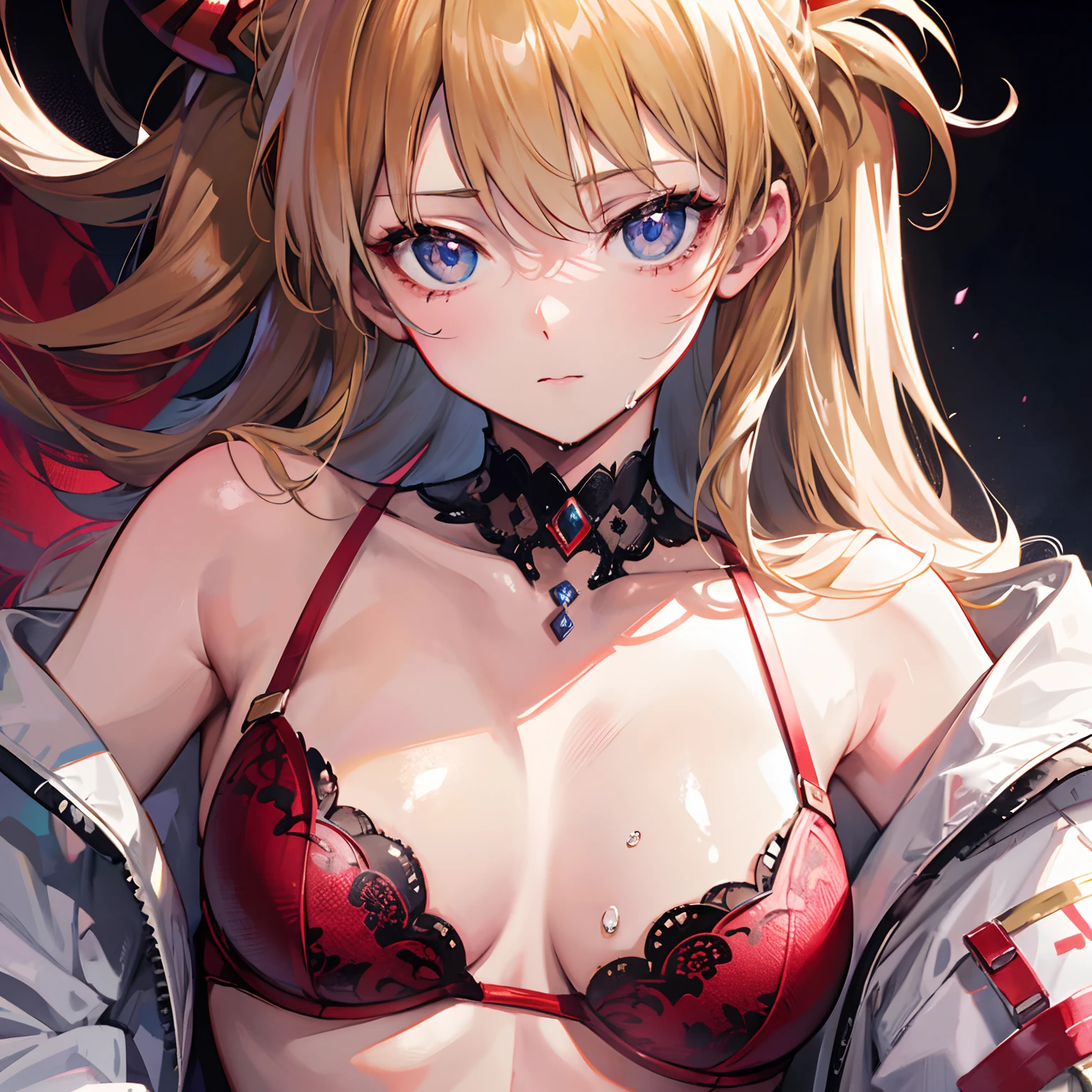 Official Art, Unity 8k Wallpaper, Ultra Detail, Beautiful and Aesthetic, Masterpiece, Best Quality, Real, Close Up, Skin Dentation, Soouryuu Asuka Langley,Gorgeous Red Lingerie Shameful Face Wet Body Realistic Texture Disturbed Clothing