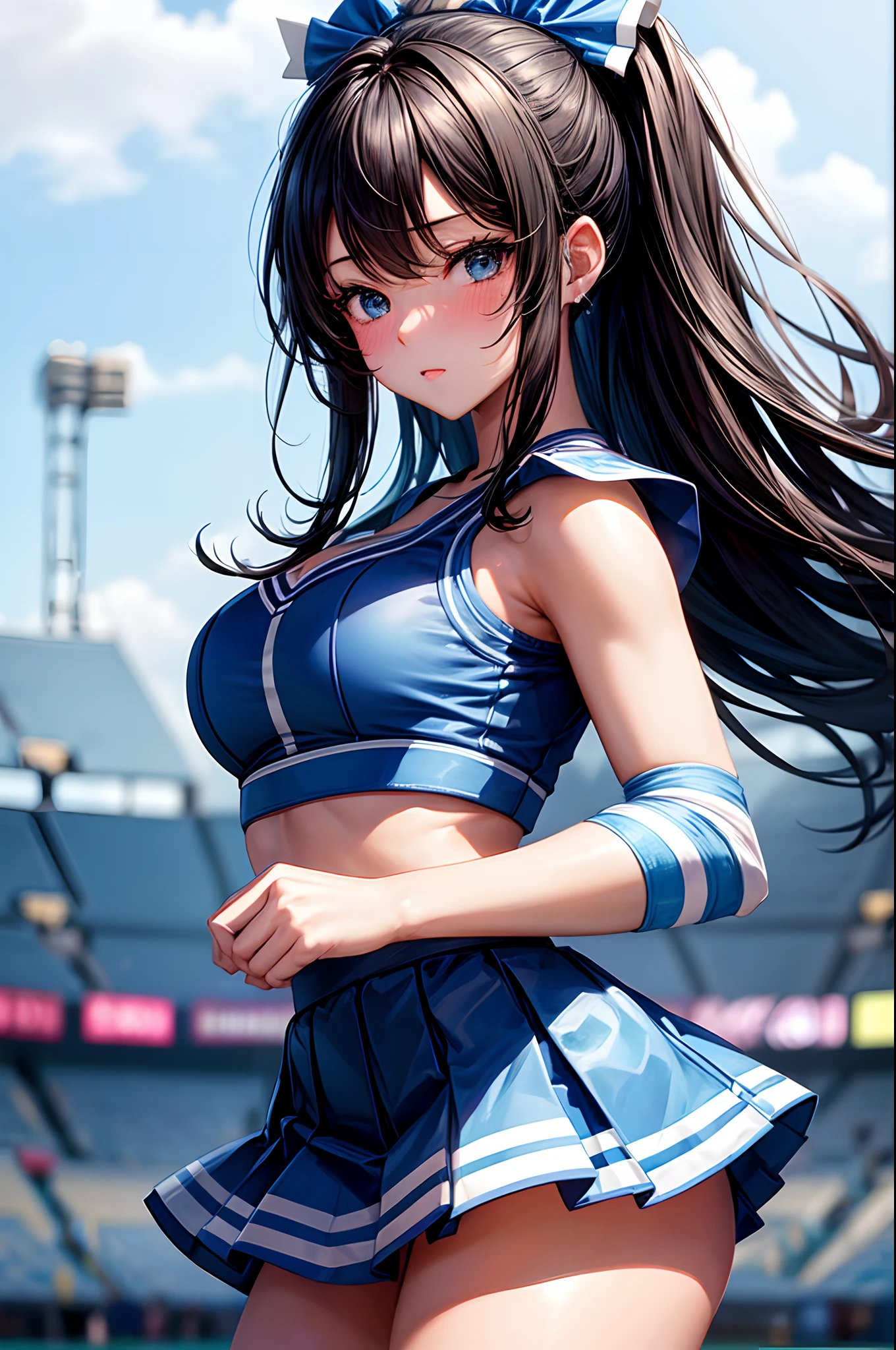 Photorealistic, high resolution, A Japanese Cheerleader named Jade, solo, makeup, Double D bust. Hips up, (Detailed face), Pale Blue Cheerleader outfit with short pleated skirt. Black hair, Long hair, Skirt opened to reveal Blue lace Panties and thigh high black and white striped Socks. black micro skirt, . Fully clothed, park setting