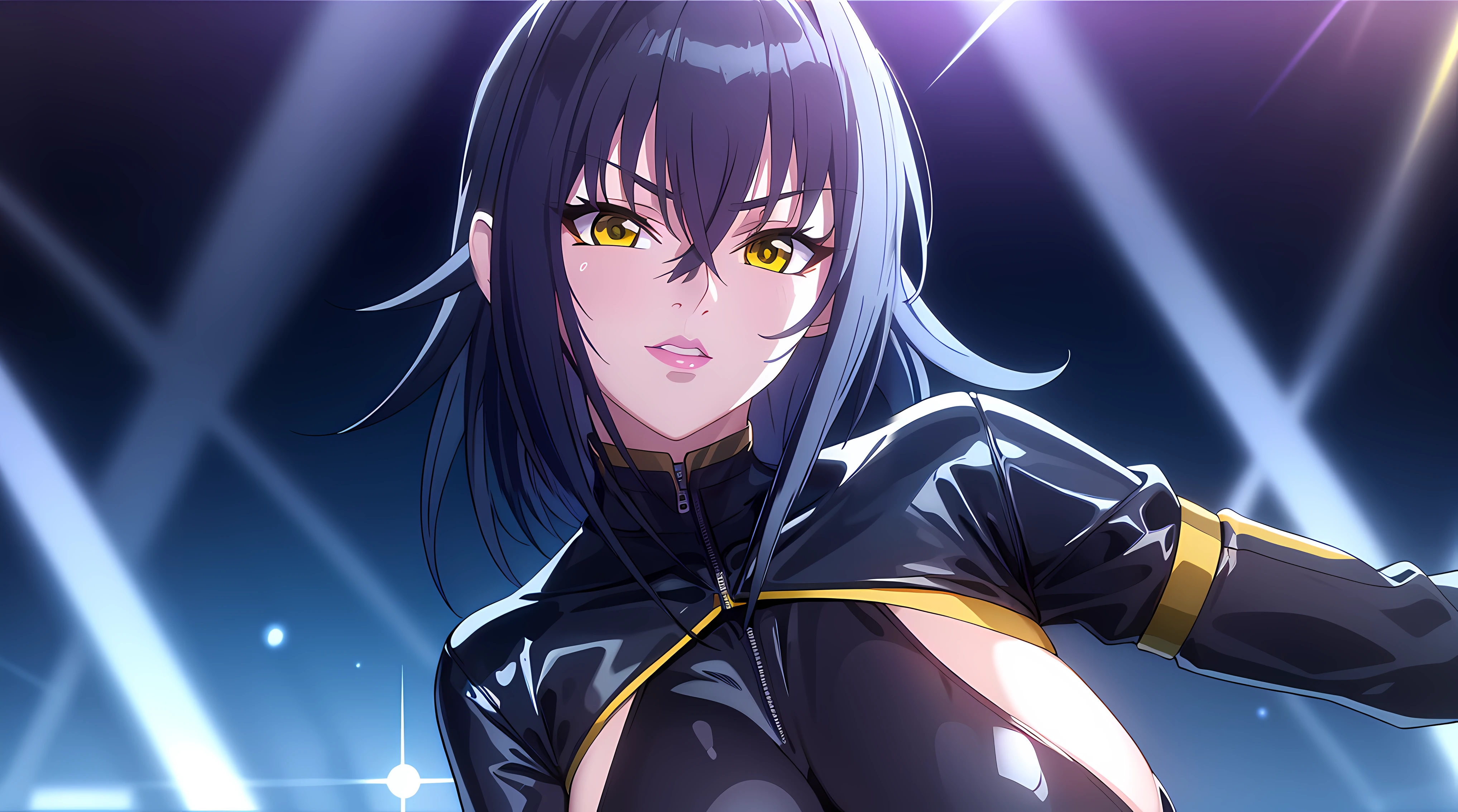 professional artwork, Intricate Details, field of view, sharp focus, detailed painting, photorealistic lighting, trending on pixiv, (masterpiece:1.0),(best_quality:1.0), ultra high res,4K,ultra-detailed, photography, 8K, HDR, highres, absurdres:1.2, Kodak portra 400, film grain, blurry background, bokeh:1.2, lens flare, (vibrant_color:1.2),
(Annerose:1), 1girl, female mature, black hair, long hair, yellow eyes, large breasts, bodysuit, shiny clothes, skin tight, hair intakes, covered breasts, pose invited,
simple plain white background, (solo:1.5),