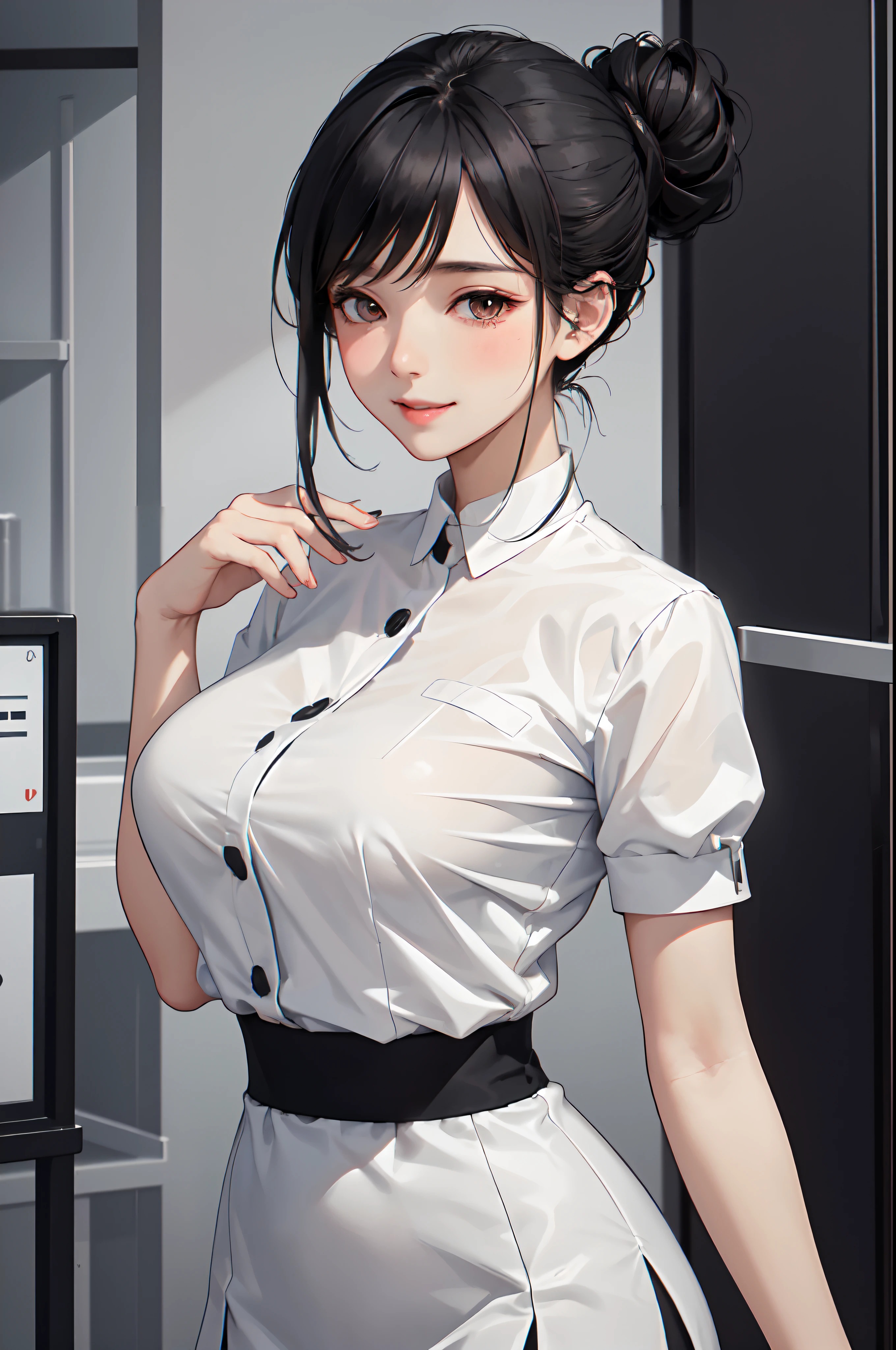 Indoor Hospital, 1 Female Soloner, /(Simple uniform/) /(Black medium hair/) Hair UP, blush gentle smile, (masterpiece best quality:1.3) Delicate illustrations ultra-detailed high resolution, Large breasts