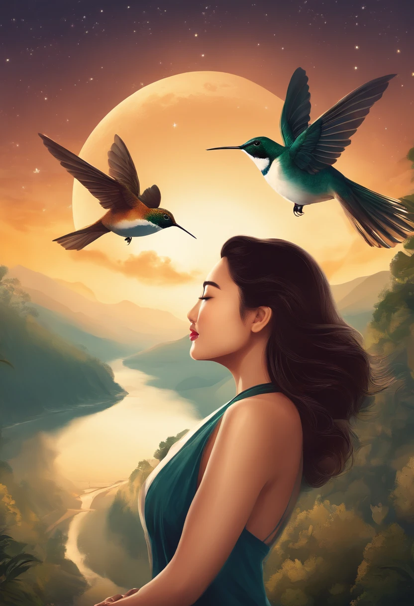 1 beautiful young asian woman and a hummingbird kissing her cheek ((upper body selfie, happy)), masterpiece, best quality, ultra-detailed, ground, outdoor, (night), mountains, nature, (stars, moon) cheerful, happy, forest, stones, river, wood, smoke, shadows, contrast, clear sky, style, (warm tone, warm tone): 1.2), close-up, cinematic light, side lighting, ultra high resolution, best shadow, RAW, upper body, realistic style