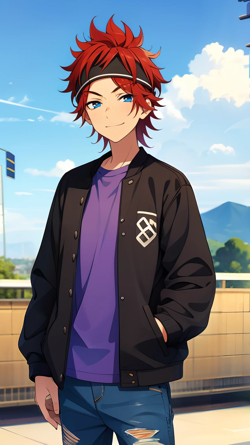 (masterpiece, best quality, absurdres), rinne, Rinne, headband, red hair, short mullet, defined face, blue eyes, solo, smile, black jacket, purple shirt, torn jeans, hands in pockets, outdoors, cowboy shot,