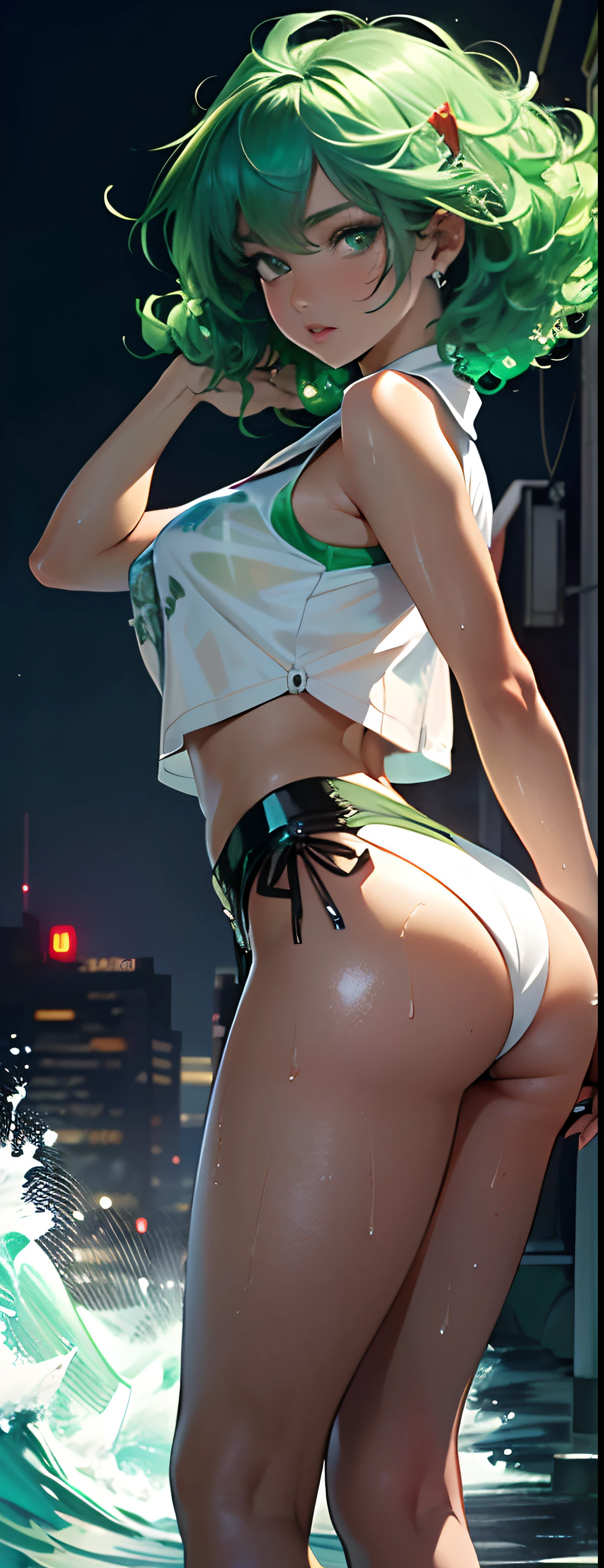 Girl Youku anchor,(((1girll))),((Very cute beautiful girl with green curly hair)),
(short breasts:1.4),big assa,(((Green curls:1.35,Very curly hair,Colored inner hair,Ear breathing,Short hair))),(((Green_Eyes:1.3))),intricately detailed eyes,Beautiful detailed eyes,Symmetrical eyes,Big eyes:1.3,((Fat)),(((Glossy glossy skin:1.5,Bright Skin: 1.5,dark tanned skin,Shiny skin,very shiny skin,shining body,plastic glitter skin,exaggerated shiny skin,brightskin,Wet legs))),Detailed body,(Detailed face),
Cute,slutty,Seductive,Erotic,(((NSFW))),
zettai ryouiki,Clothing that exposes,show skin,((rave mini-skirt,visible thong straps,White loose vest,Decorated with anime art prints)),((Wet clothes,intricate outfits,intricate clothes)),
(Dynamic pose:1.0),Embarrassed,(Centered,Scale to fit the dimensions,Rule of thirds),
Waterfront cyberpunk city by night, There are bright neon lights and dark storm clouds and puddles, scenery:1.25,
artsy photography,(photography of:SLDR),A high resolution, Sharp focus, (Ultra detailed, Extremely detailed), (realistic artwork:1.37),(Extremely detailed Cg Unity 8K wallpaper),((Synthetic wave background theme)),(((Vibrant colors))),(intricate background),(Masterpiece),(Best quality),