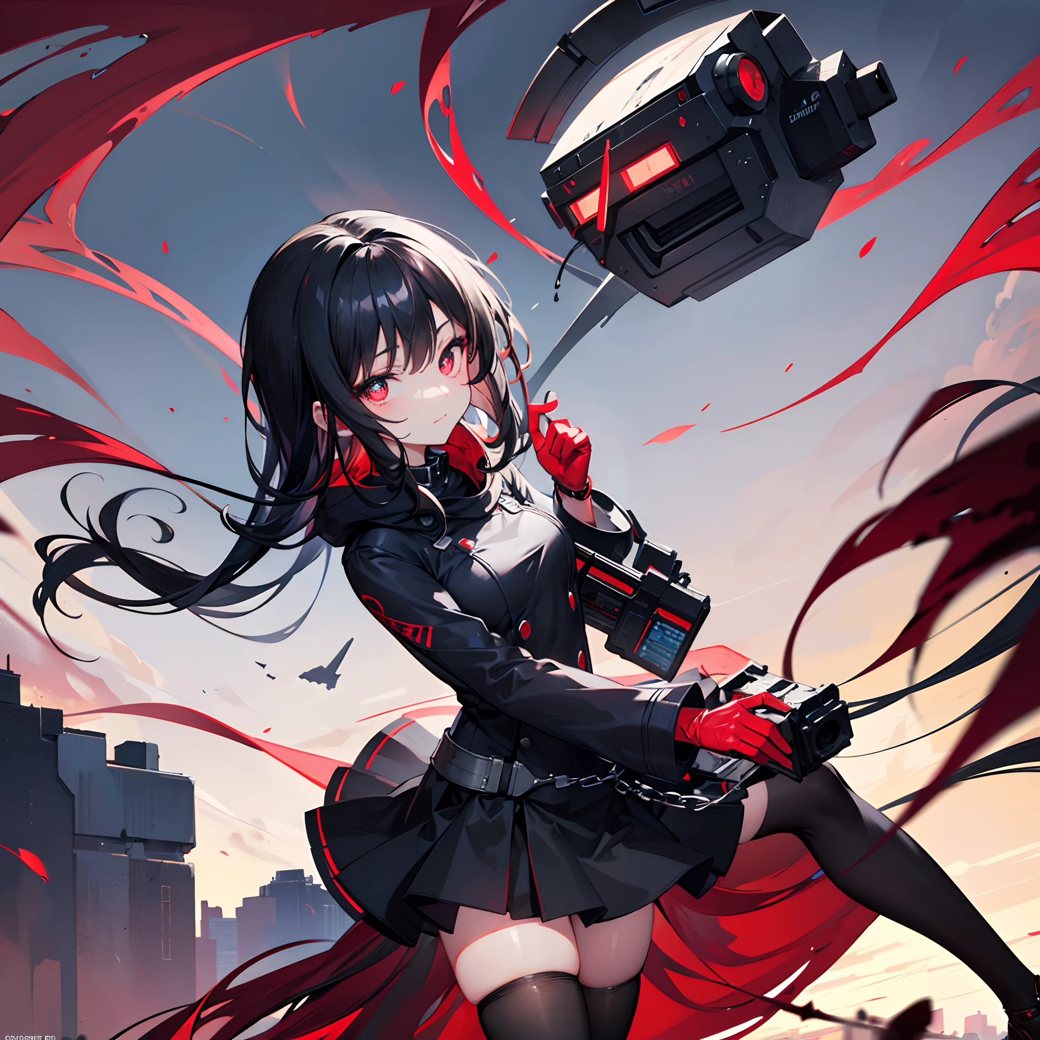 Anime, girl in a short miniskirt, panties visible, red-black hair, Twin Tail, in a beautiful area, rainy weather, views from below. 3D