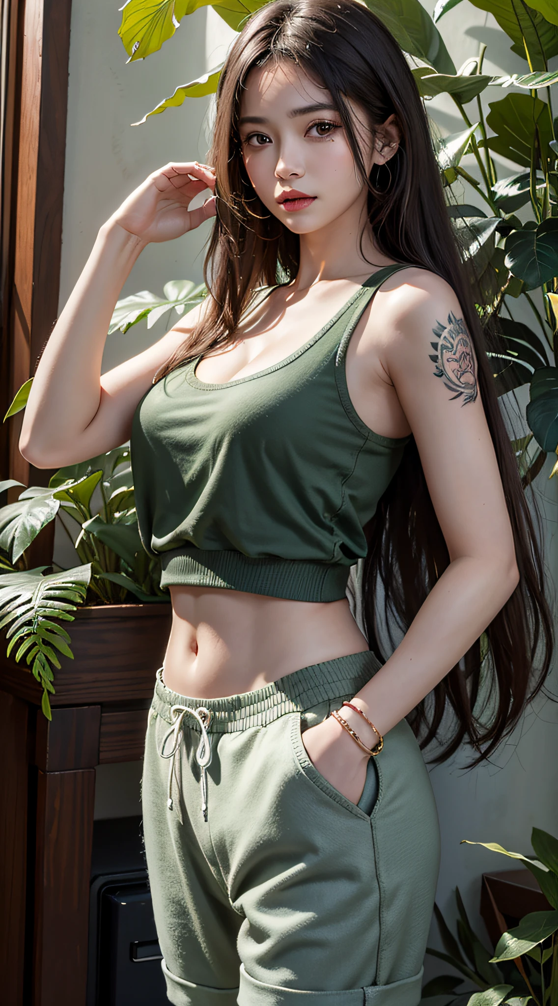 photorealistic portrait, high-res, Soft light,1woman, bara, Hip up, look at viewer, (The young heroine confronts the fern leaf with details....), long-haired, tattoo, jewelry, sport shorts,Short tank top
