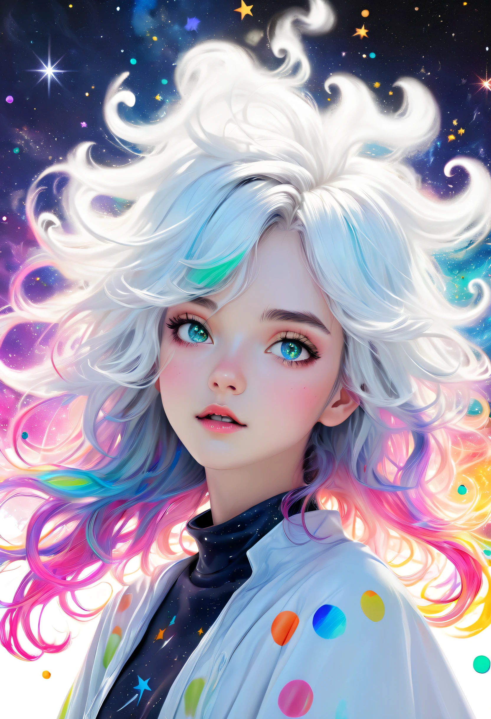 ((masterpiece)), (((best quality))), ((ultra-detailed)), ((illustration)),[realism light effect],shadow,(Fantasy style),(white background:1.6), simple background, (earth theme),(a cloak)[(hair focus,((1girl)),[(big slime hair): (cloud hair):0.3], (hair on background),(high saturation),(hair surrounded by galaxy splashes),)):((her hair is becoming galaxy clouds,:1.27628), (hair and clothes is galaxy clouds and cluster of stars:1.1025),(a cloak is becoming galaxy clouds)(colorful_galaxy_print_clusters_of_stars_print:1.35),((detailed starry sky with colorful galaxy and galaxy clouds):1.2)):0.35], (((masterpiece))),(((best quality))),((ultra-detailed)),(illustration),(dynamic angle),((floating)),(paint),((disheveled hair)),((beautiful detailed face)),collar,bare shoulders, ((colorful hair)),((streaked hair)),beautiful detailed eyes,(Gradient color eyes),(((colorful eyes))),(((colorful background))),(((high saturation))),(((surrounded by colorful splashes))),(((surrounded by colorful dot))),colorful bubble,((shining)),