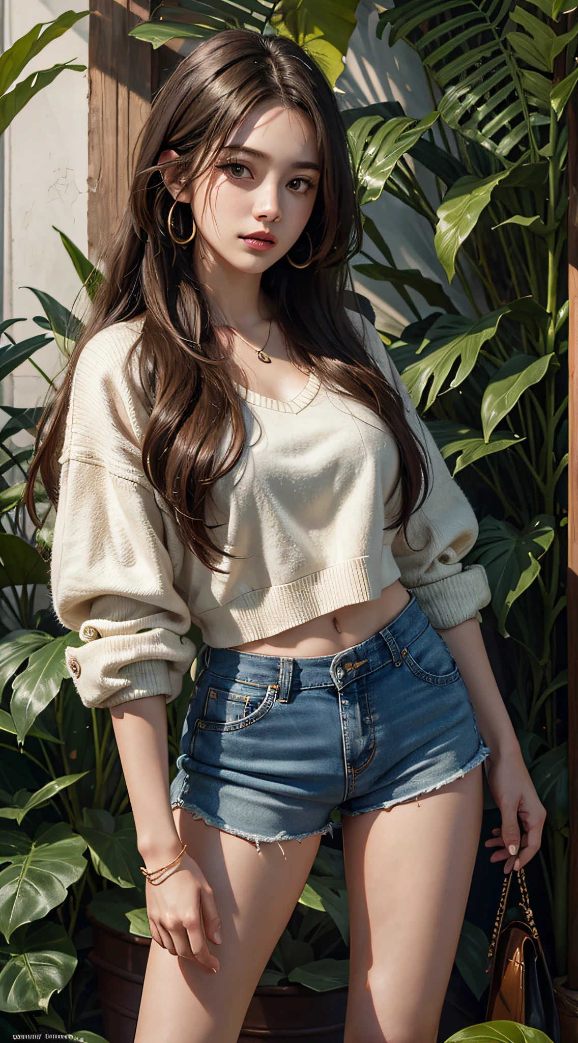 photorealistic portrait, high-res, Soft light,1woman, bara, Hip up, look at viewer, (The young heroine faces a fern leaf with details.), long-haired, tattoo, jewelry, Sweater, short pants
