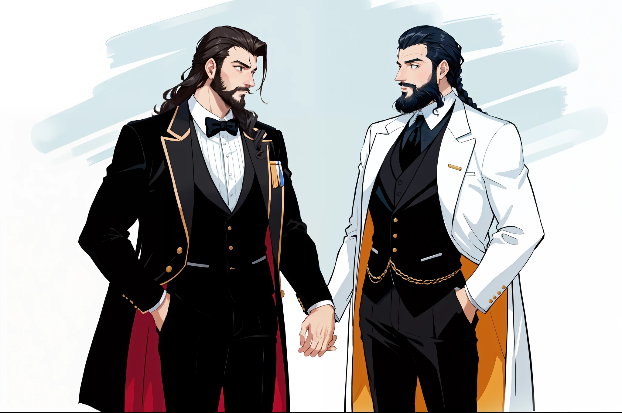 Il y a un homme avec une barbe et un costume et une cravate, queue de cheval et barbe, hair slicked back, avec une barbe et une veste noire, hair slicked back, inspired by Demetrios Farmakopoulos, inspired by Tomàs Barceló, Curly beard, Asher Duran, avec une barbe noire, Alejandro, inspired by Mirabello Cavalori landscape