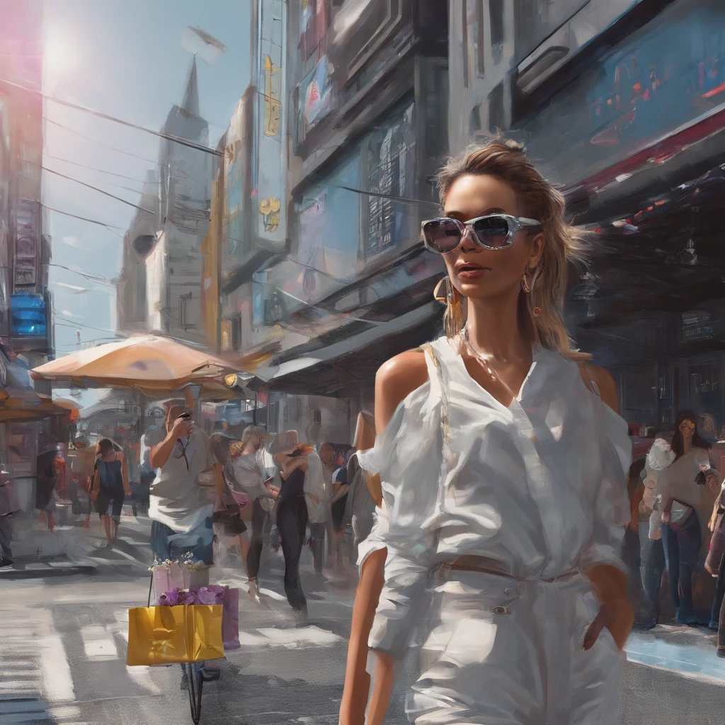 Highly detailed, high quality, masterpiece, 1 woman, walking down the street, shopping bag in both hands, happy expression, brown hair, tied into a messy bun, (casual wear: 1.1), white t-shirt, short skirt, high heels, light makeup, (silver necklace: 1.2), sunglasses on the head, holding flowers, people and storefront in the background, outdoors, sunny day.