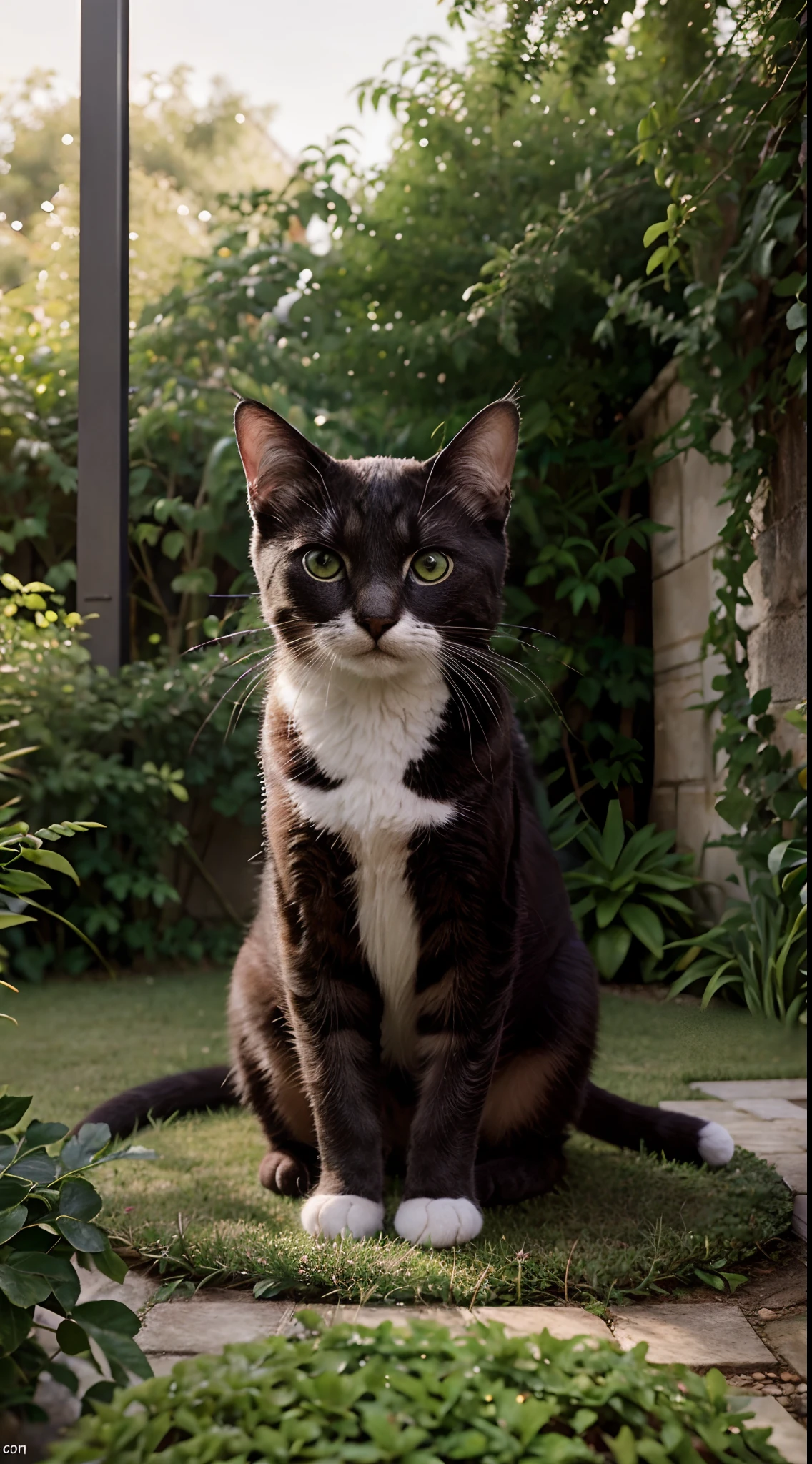 Ultra Realistic Cat Animal, photo realist, dans un jardin, chat mis en valeur , poil soyeux, grands yeux magnifiques
