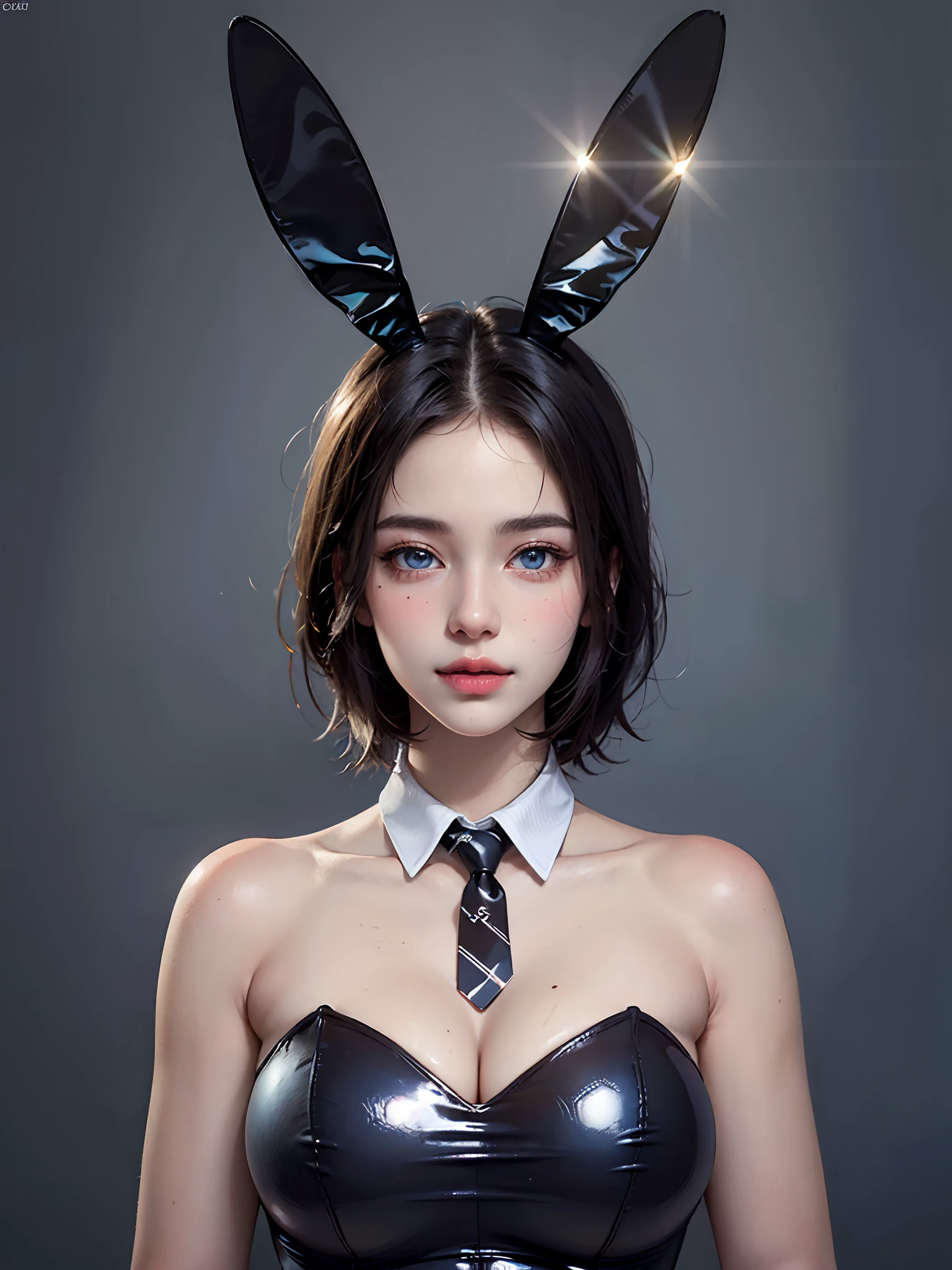 ((((masterpiece, best quality, high resolution)))), (1girl:1.5), black hair, bob cut, blunt bangs, (blue eyes: 1.5), (large breasts: 1.2), cleavage, blush, light smile, parted lips, glow, thighs, bare shoulders, collarbone, narrow waist, cleavage, (beautiful detailed face, beautiful detailed eyes), long slender thighs, perfect eyes, looking at the viewer, ((Playboy bunny suit, fake rabbit ears)), (nsfw:1.5)